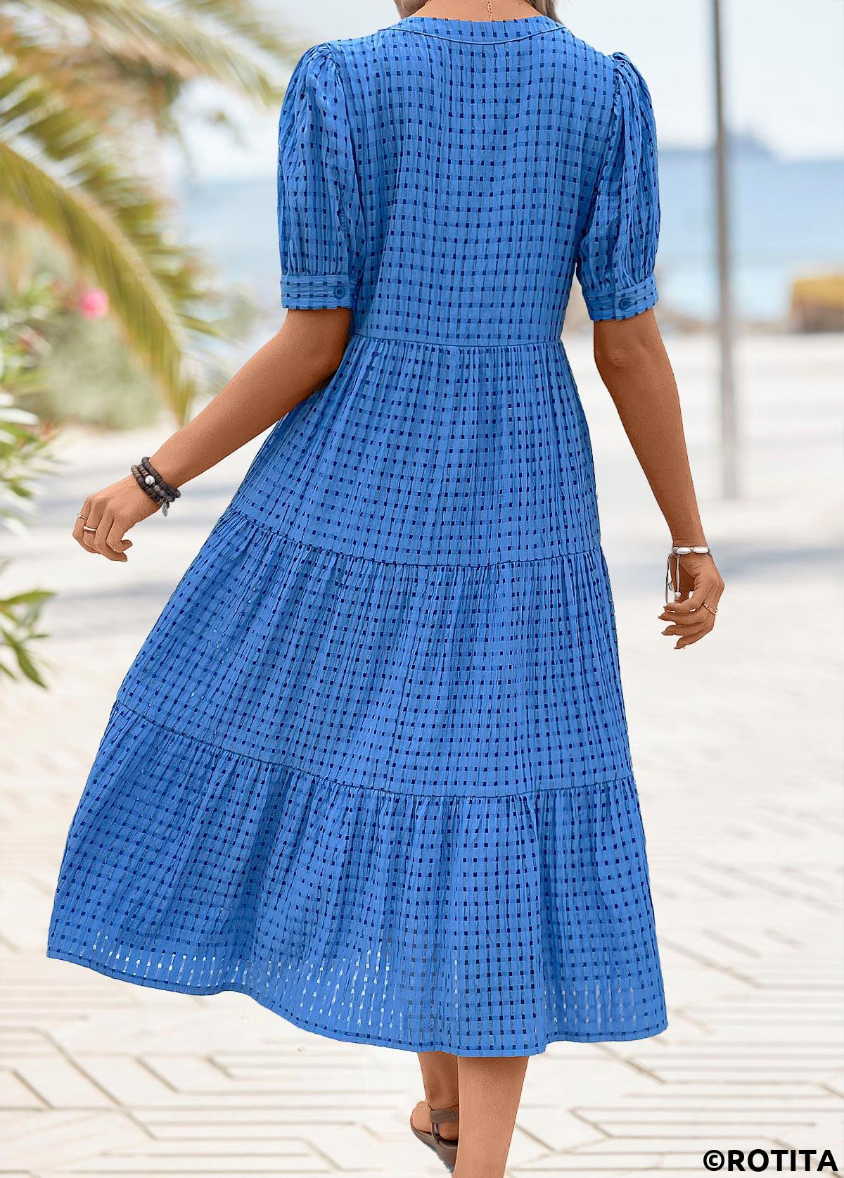 Blue dresses,Plain Color dresses,Vacation dresses,Vacation dresses,ROTITA Button Blue Split Neck Short Sleeve Dress