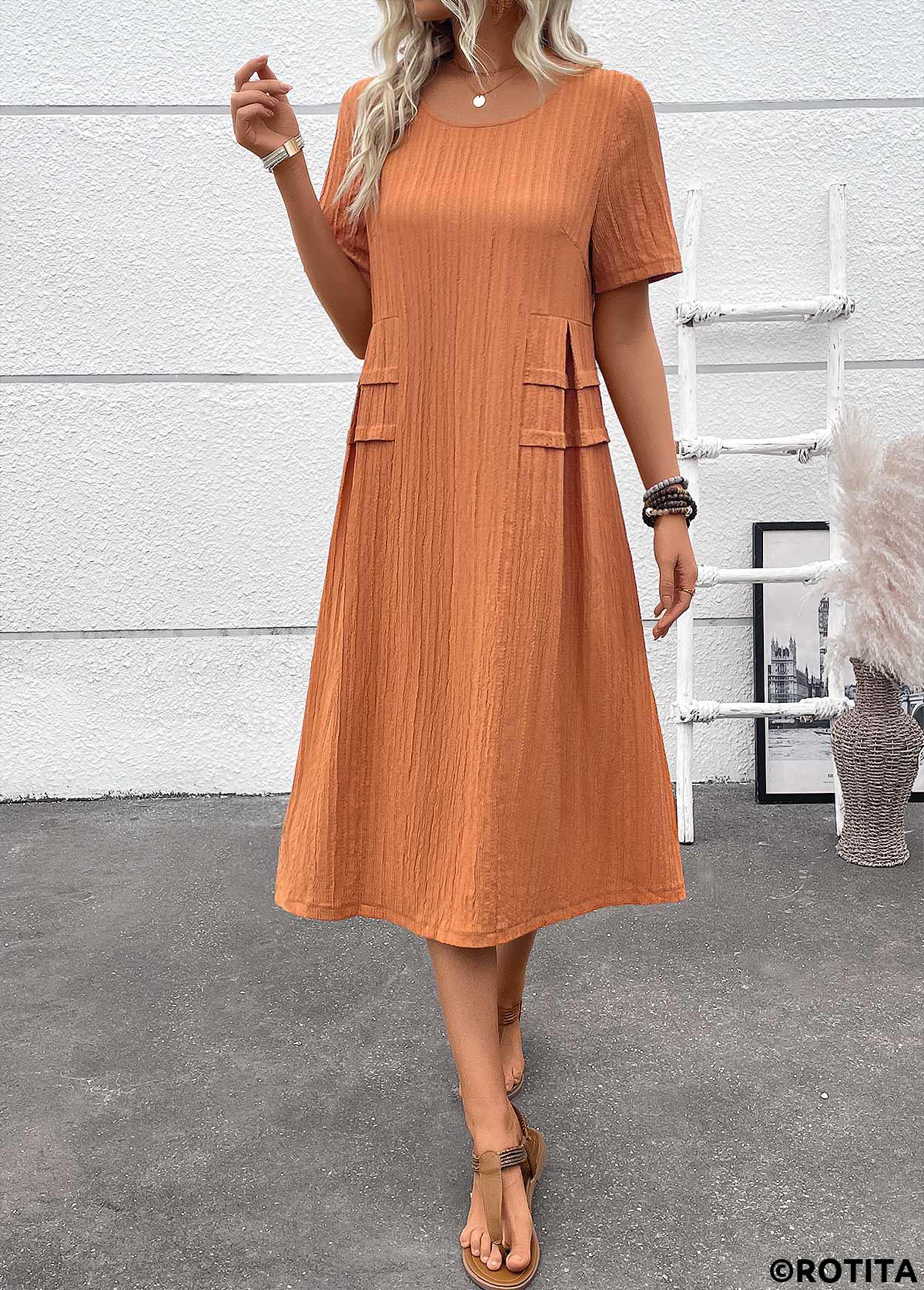 Terracotta dresses,Plain Color dresses,Everyday dresses,Casual dresses,ROTITA Patchwork Terracotta A Line Round Neck Short Sleeve Dress