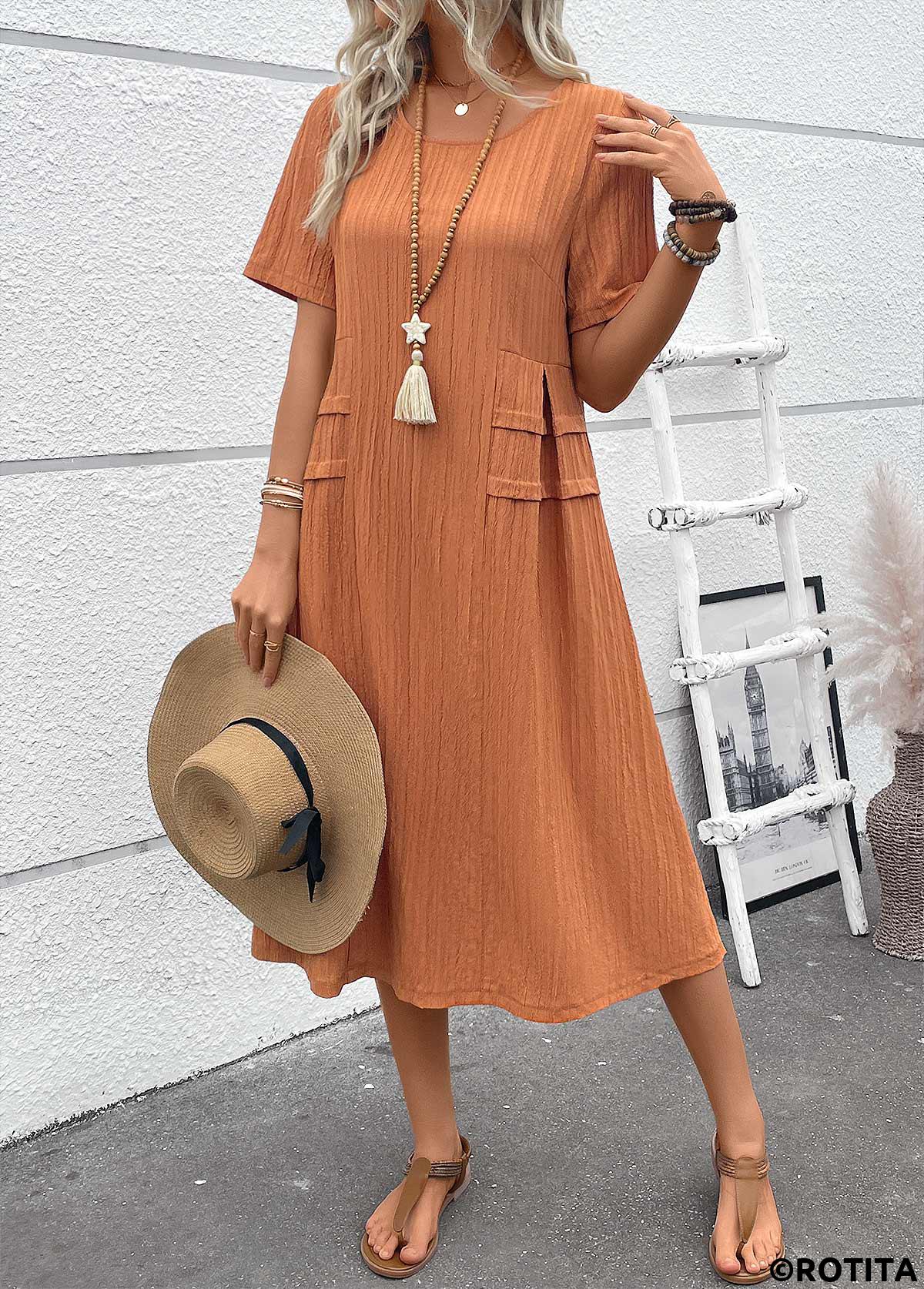 Terracotta dresses,Plain Color dresses,Everyday dresses,Casual dresses,ROTITA Patchwork Terracotta A Line Round Neck Short Sleeve Dress