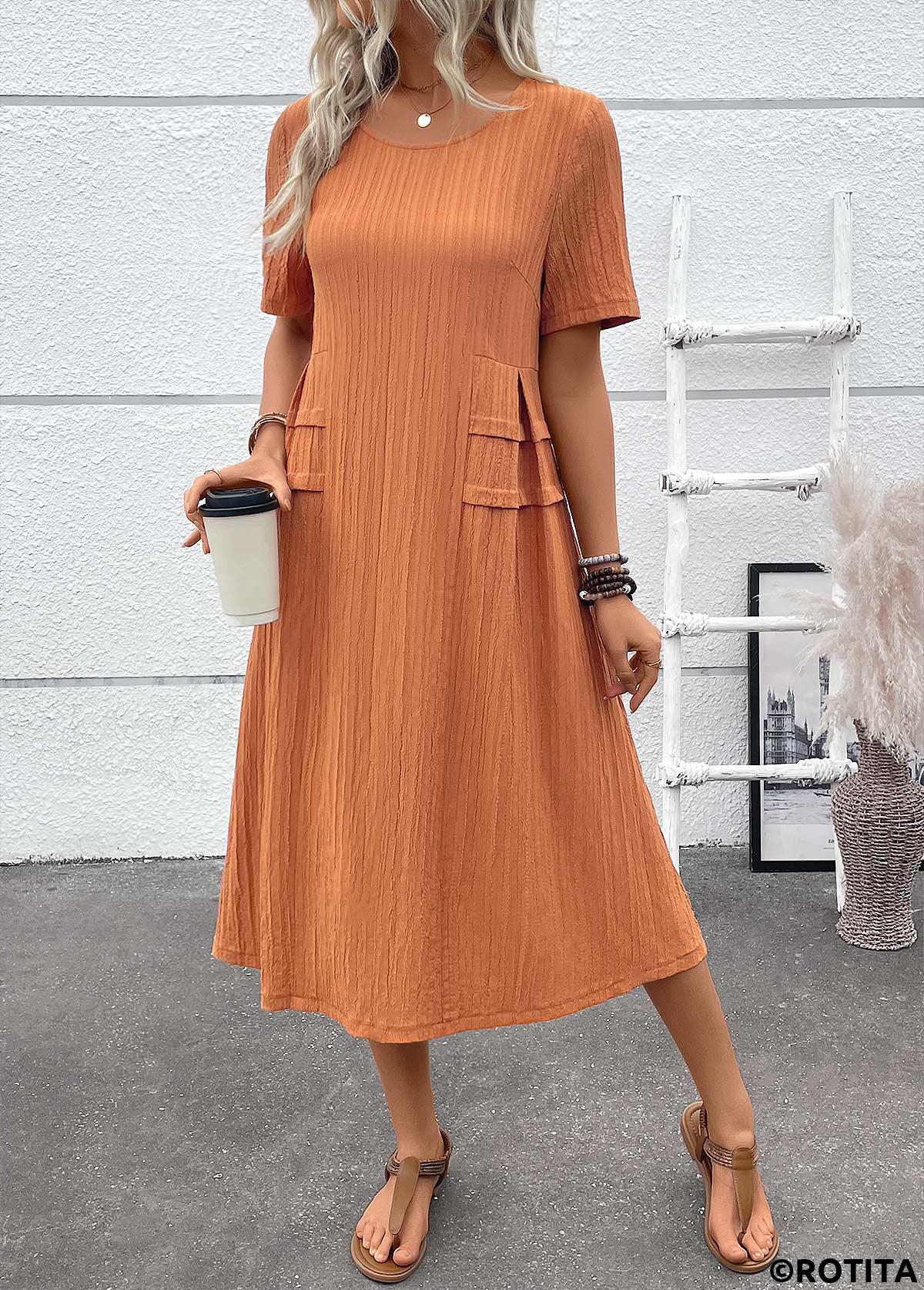 Terracotta dresses,Plain Color dresses,Everyday dresses,Casual dresses,ROTITA Patchwork Terracotta A Line Round Neck Short Sleeve Dress
