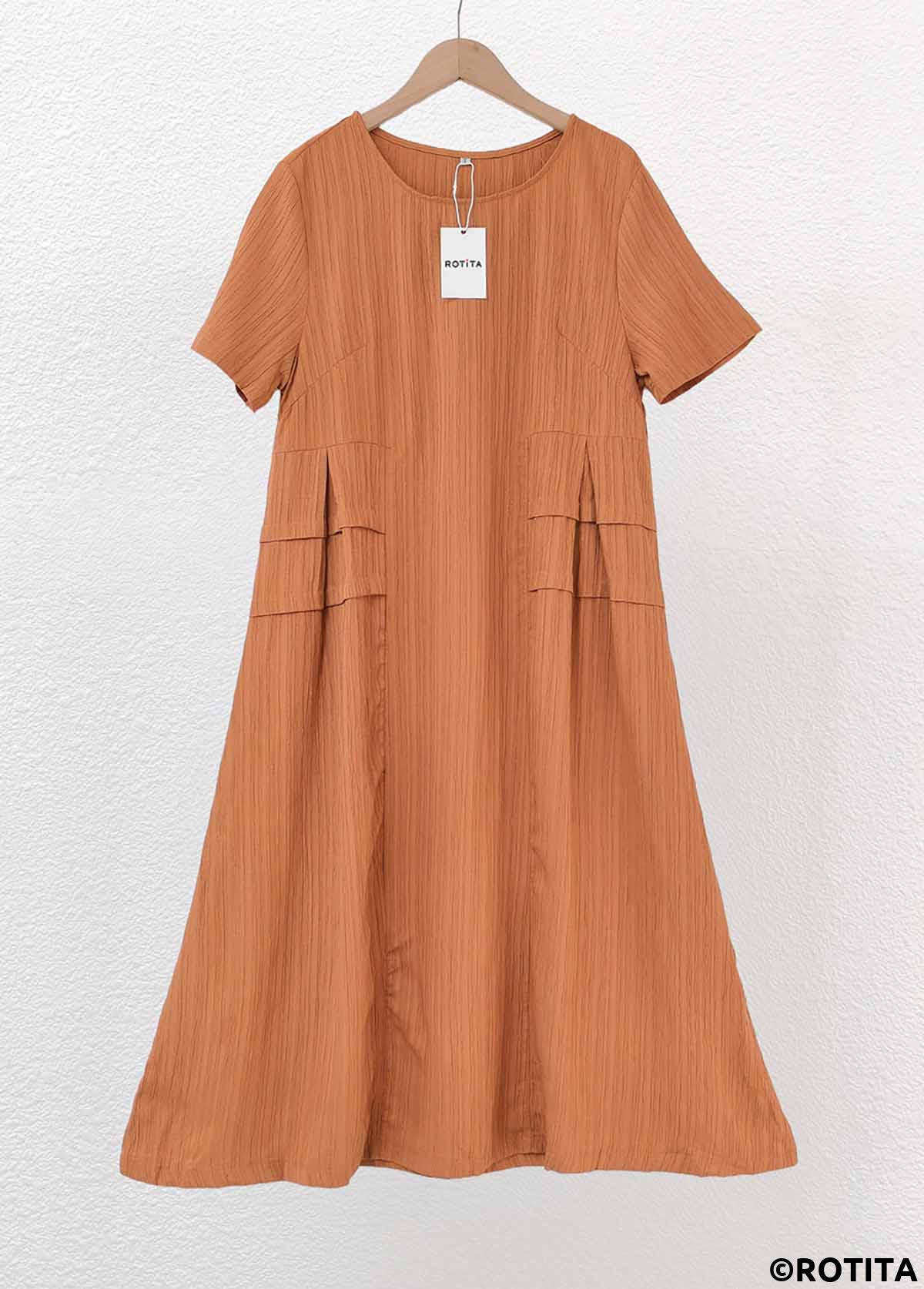 Terracotta dresses,Plain Color dresses,Everyday dresses,Casual dresses,ROTITA Patchwork Terracotta A Line Round Neck Short Sleeve Dress