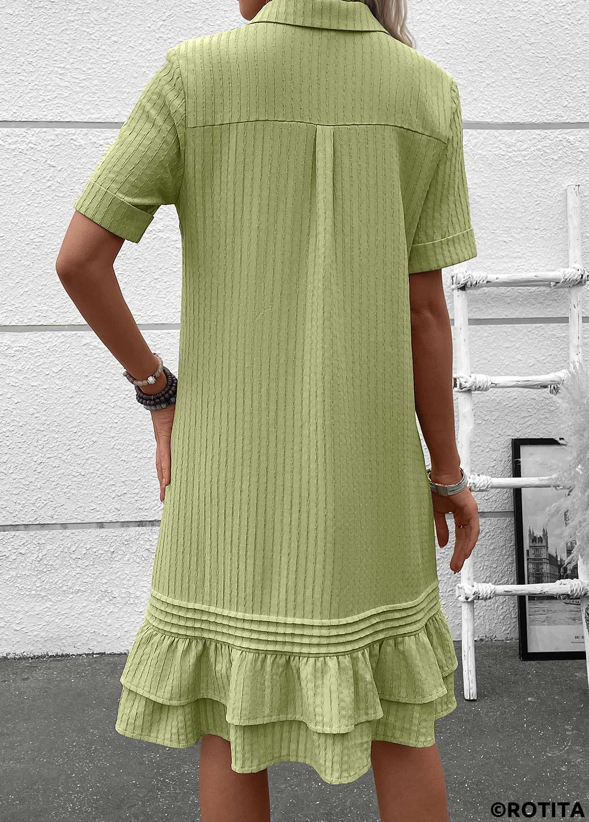 Rotita-Knopf Salbeigrün A-Linien-Hemdkragenkleid