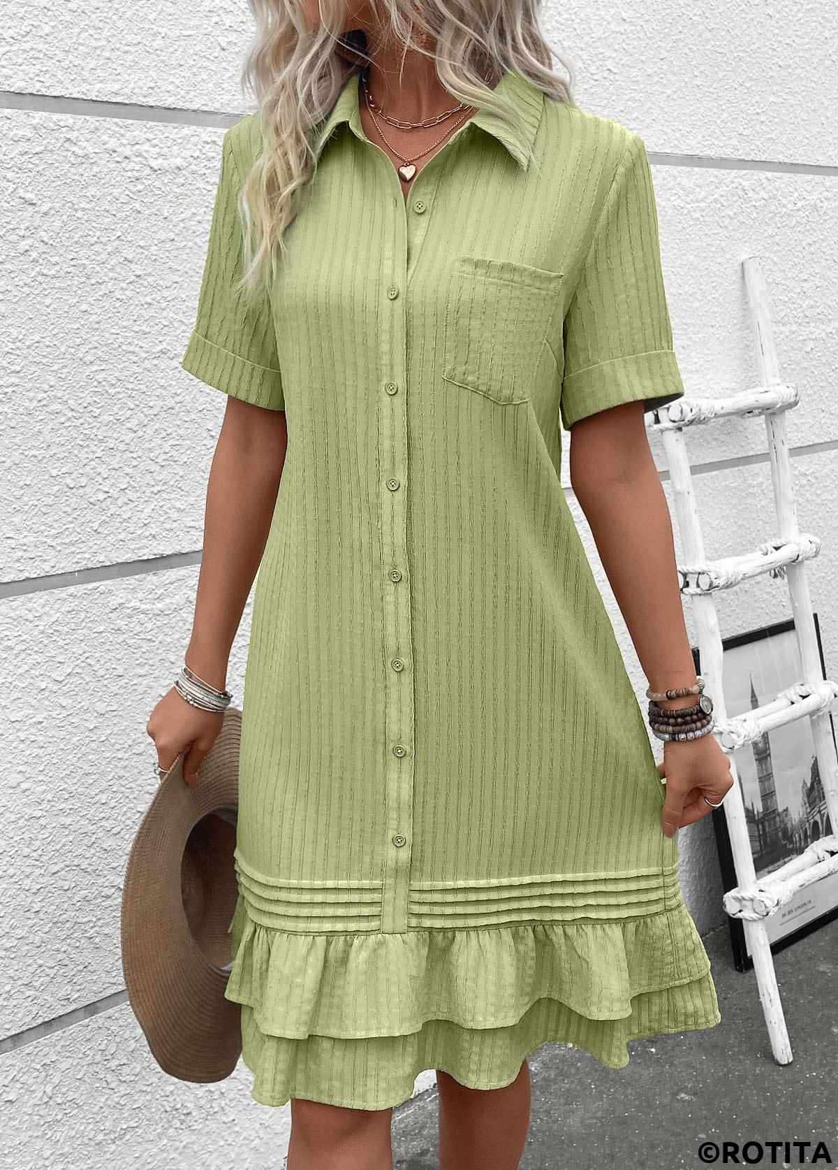 Rotita-Knopf Salbeigrün A-Linien-Hemdkragenkleid