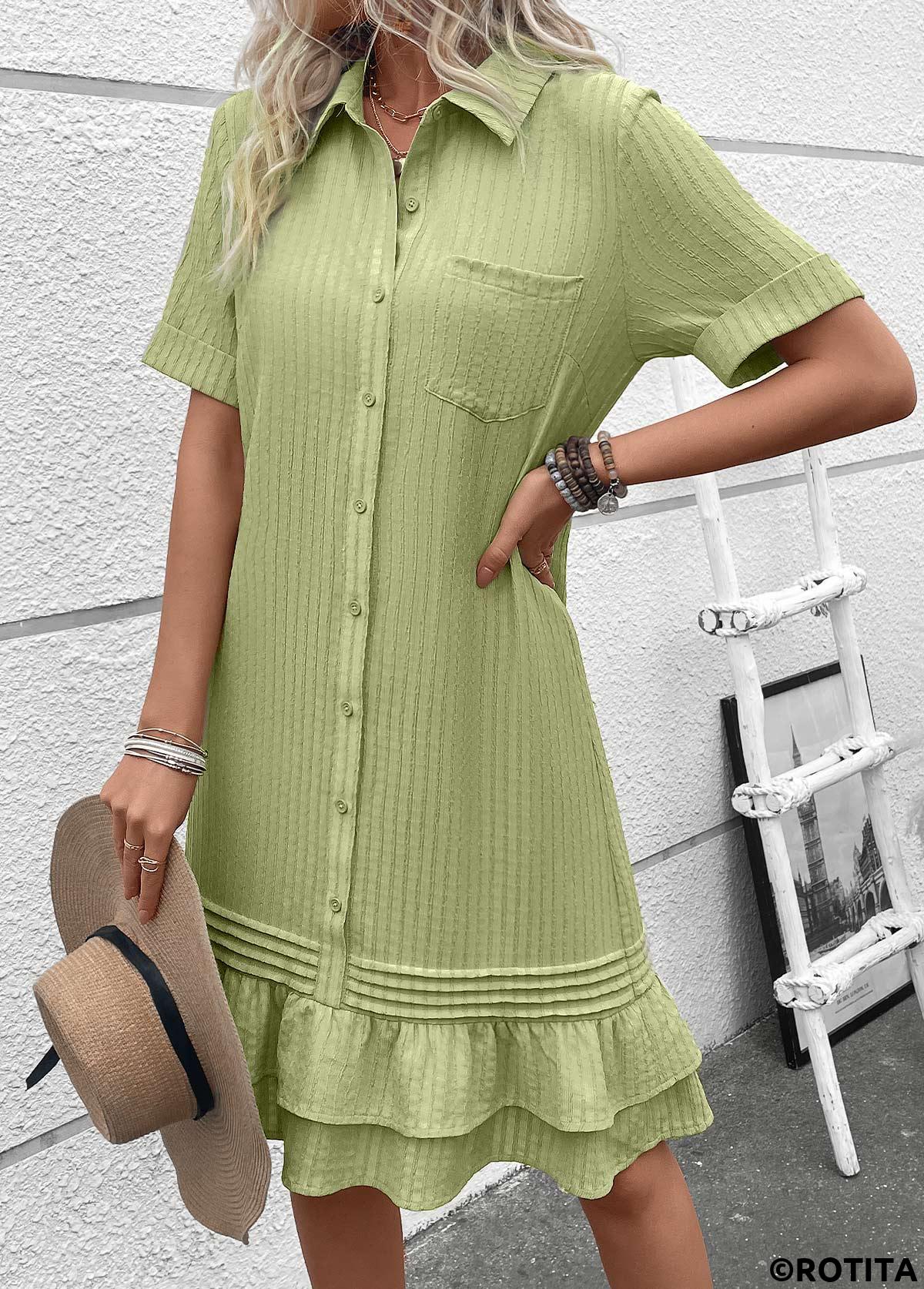 Rotita-Knopf Salbeigrün A-Linien-Hemdkragenkleid