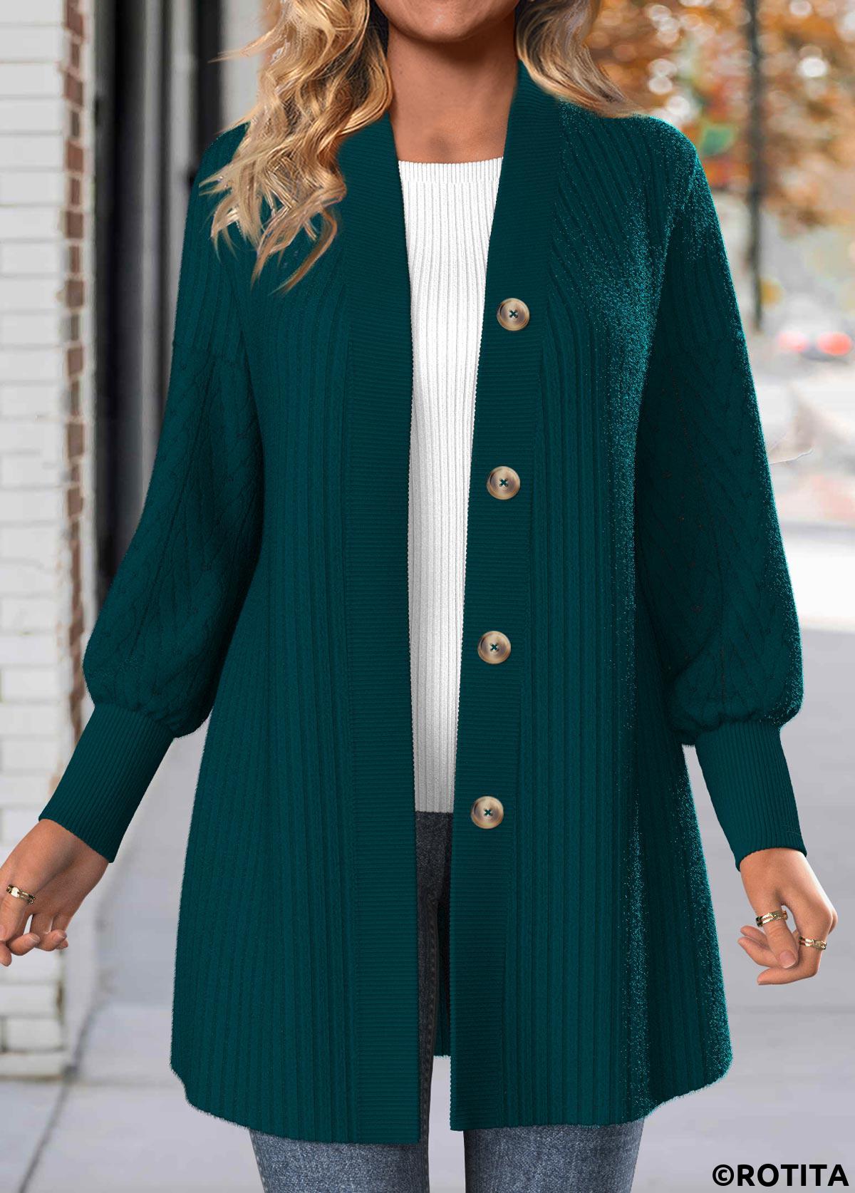 Peacock Blue tops,Plain Color tops,ROTITA Lace Peacock Blue Long Sleeve Button Coat