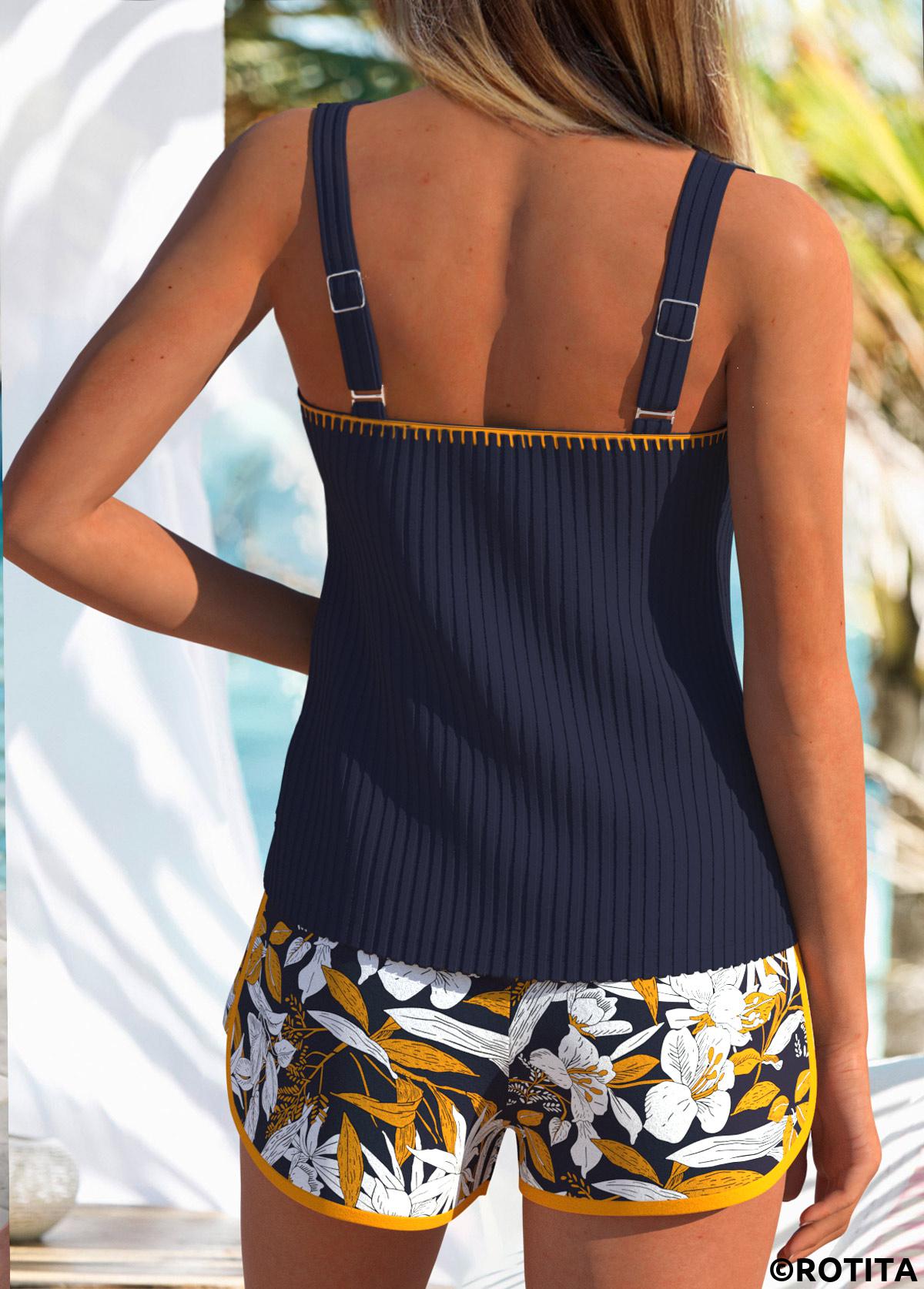 Navy swimwear,Plants swimwear,ROTITA Patchwork Navy Tropical Plants Print Tankini Set