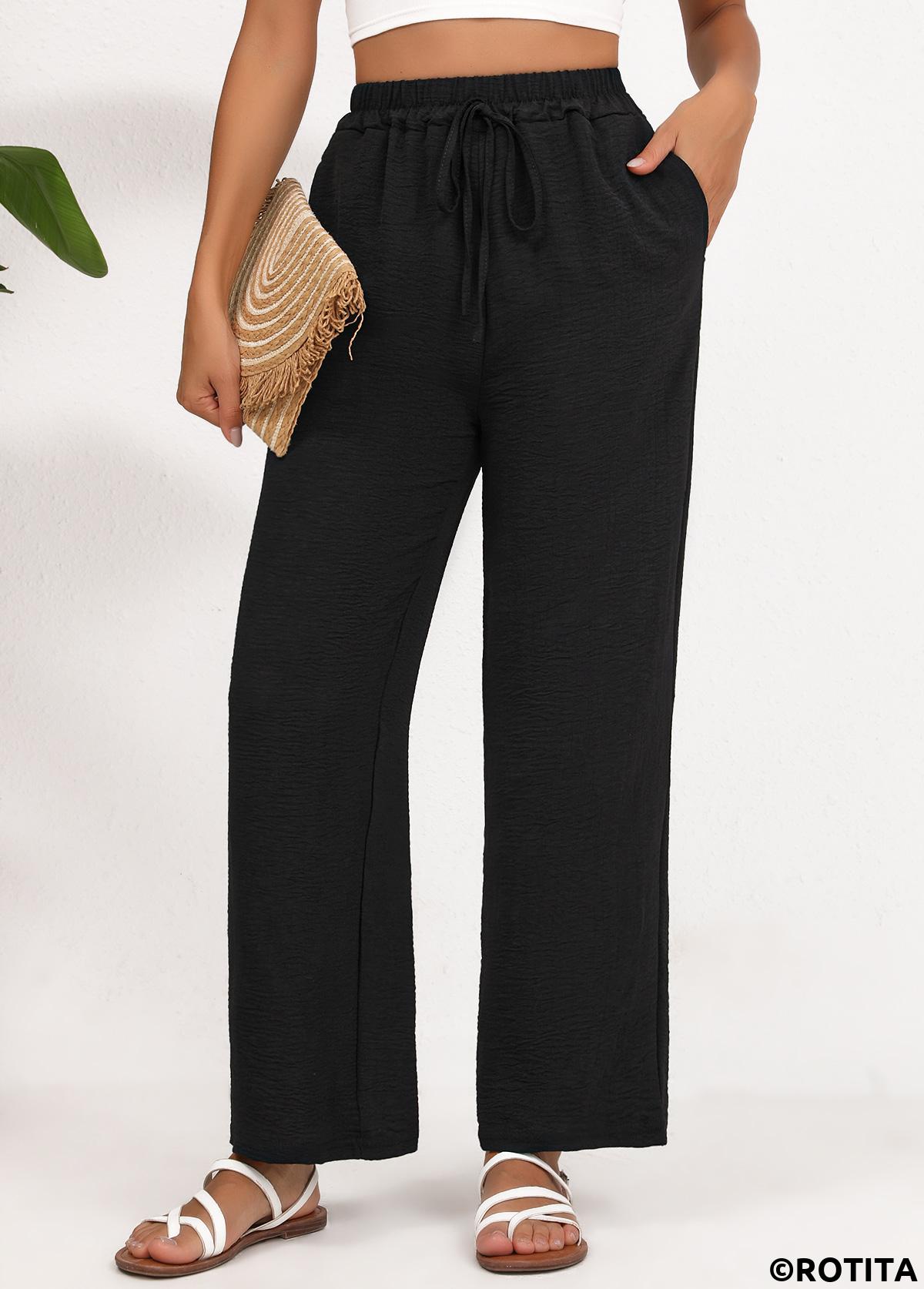 Black bottoms,Plain Color bottoms,Drawstring Black Wide Leg Elastic Waist High Waisted Pants