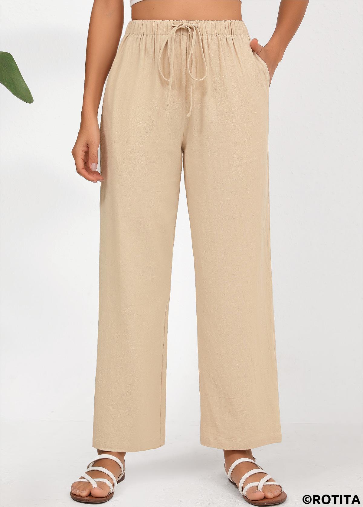 Light Camel bottoms,Plain Color bottoms,Drawstring Light Camel Straight Leg Elastic Waist Pants