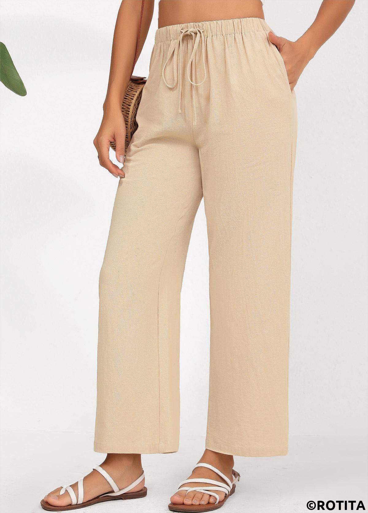 Light Camel bottoms,Plain Color bottoms,Drawstring Light Camel Straight Leg Elastic Waist Pants