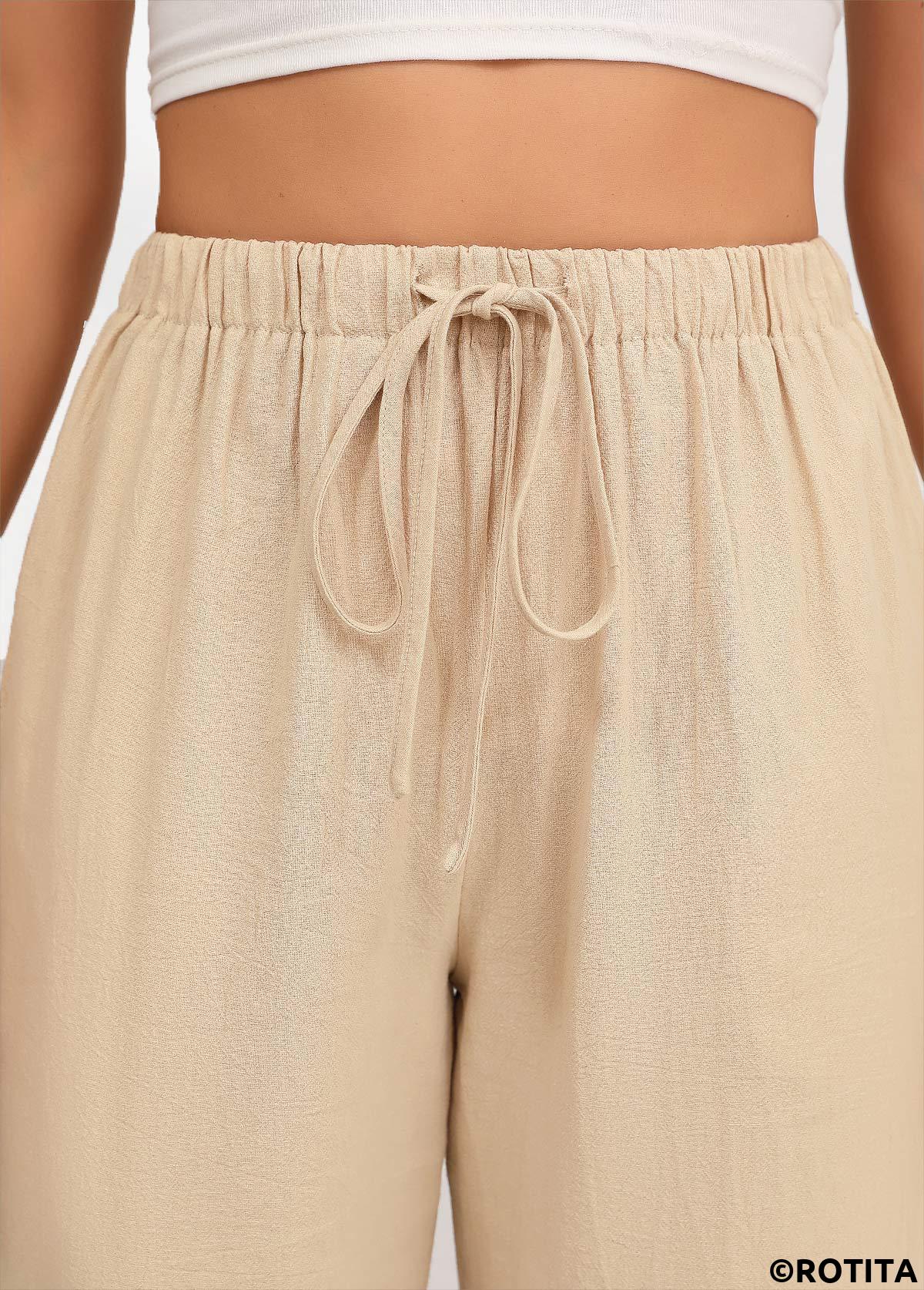Light Camel bottoms,Plain Color bottoms,Drawstring Light Camel Straight Leg Elastic Waist Pants