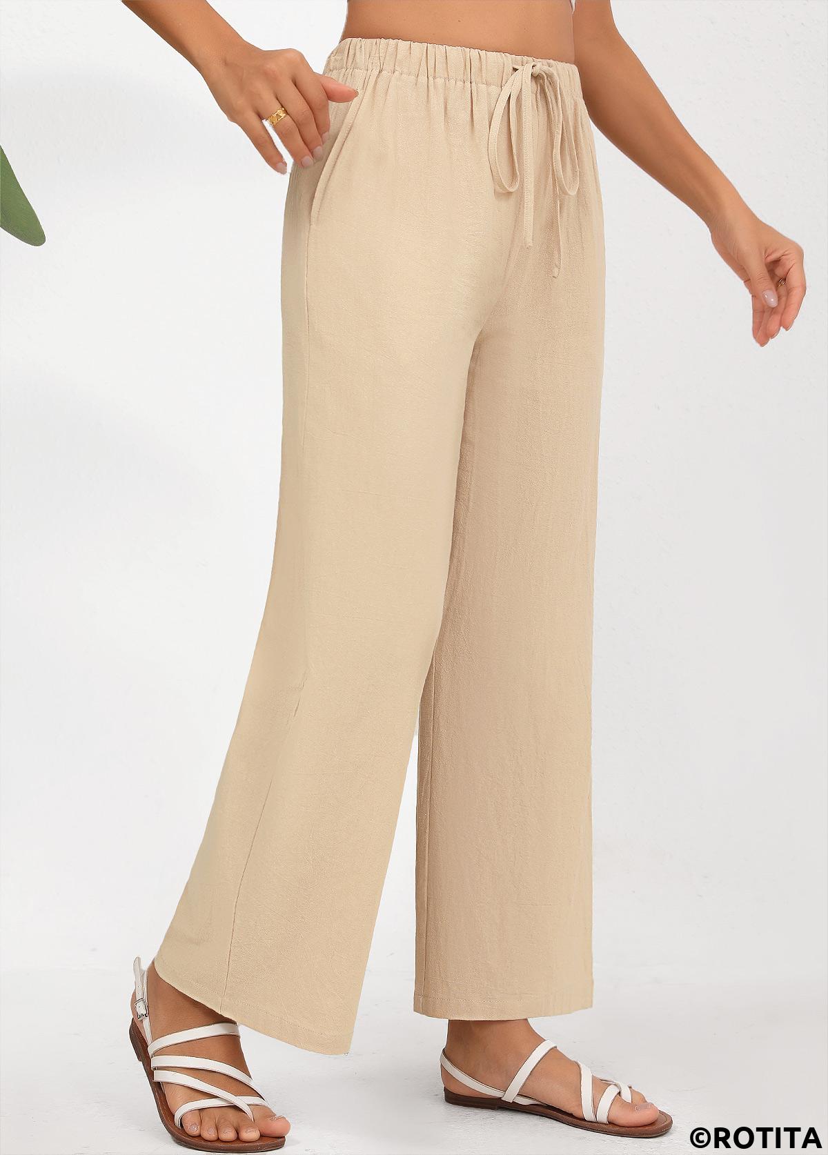 Light Camel bottoms,Plain Color bottoms,Drawstring Light Camel Straight Leg Elastic Waist Pants