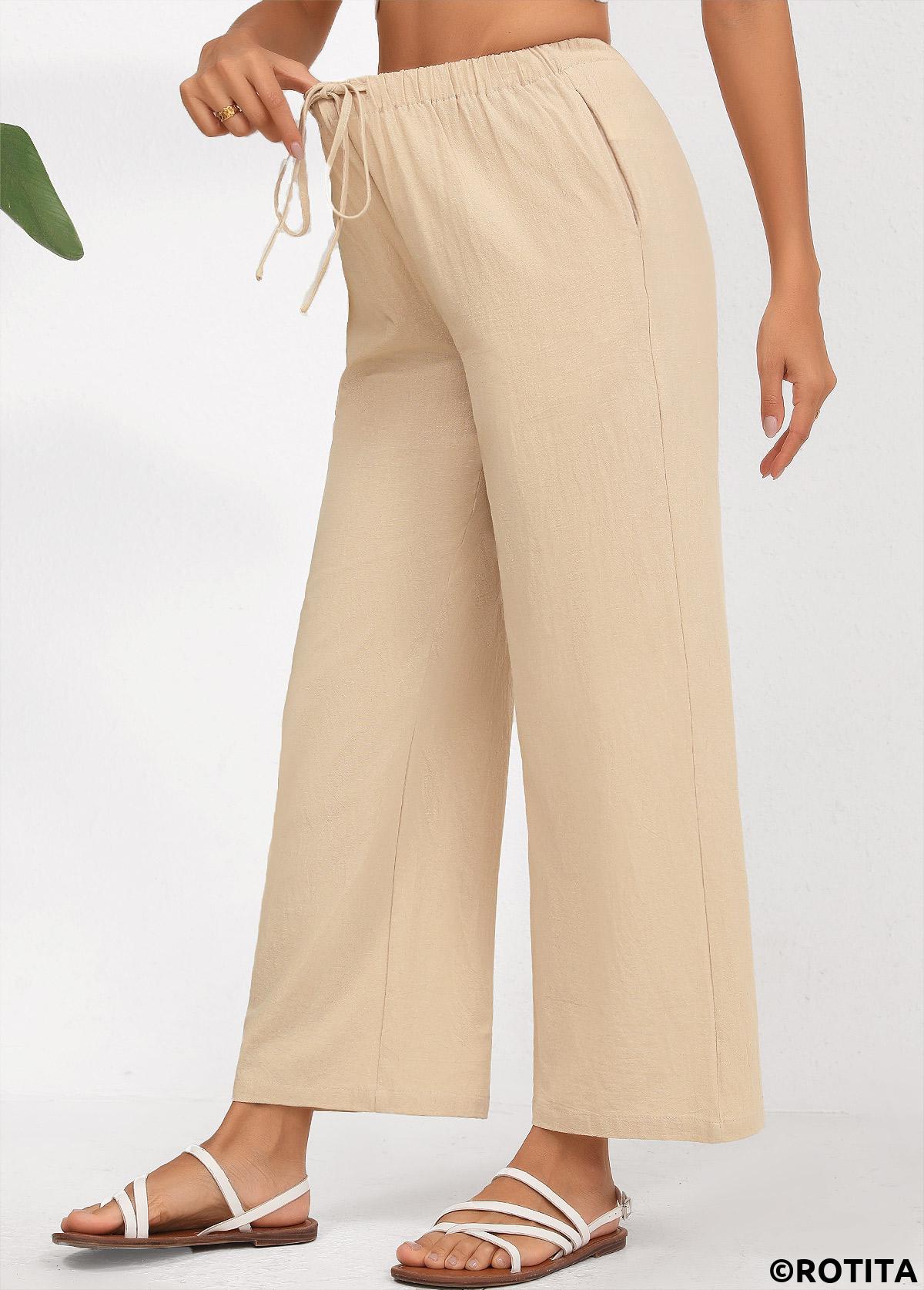 Light Camel bottoms,Plain Color bottoms,Drawstring Light Camel Straight Leg Elastic Waist Pants