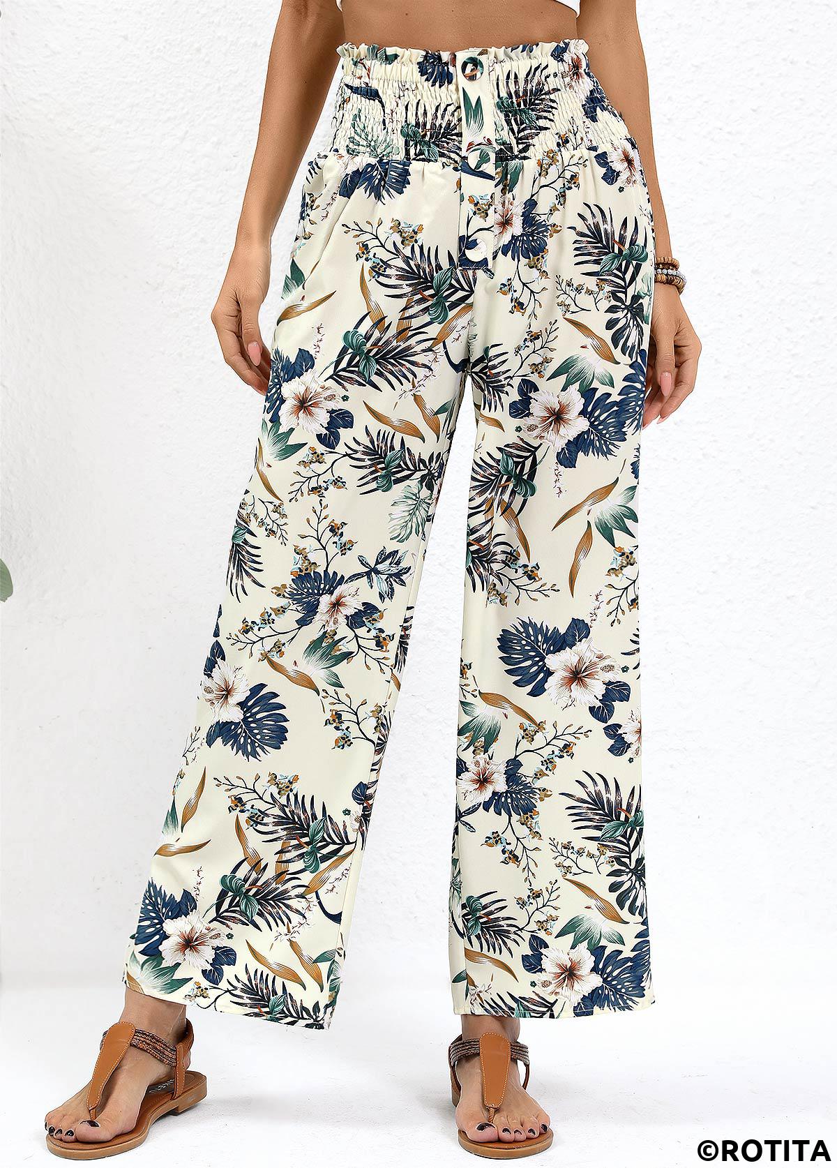 Beige bottoms,Plants bottoms,Plants Print Beige Straight Leg Elastic Waist Pants