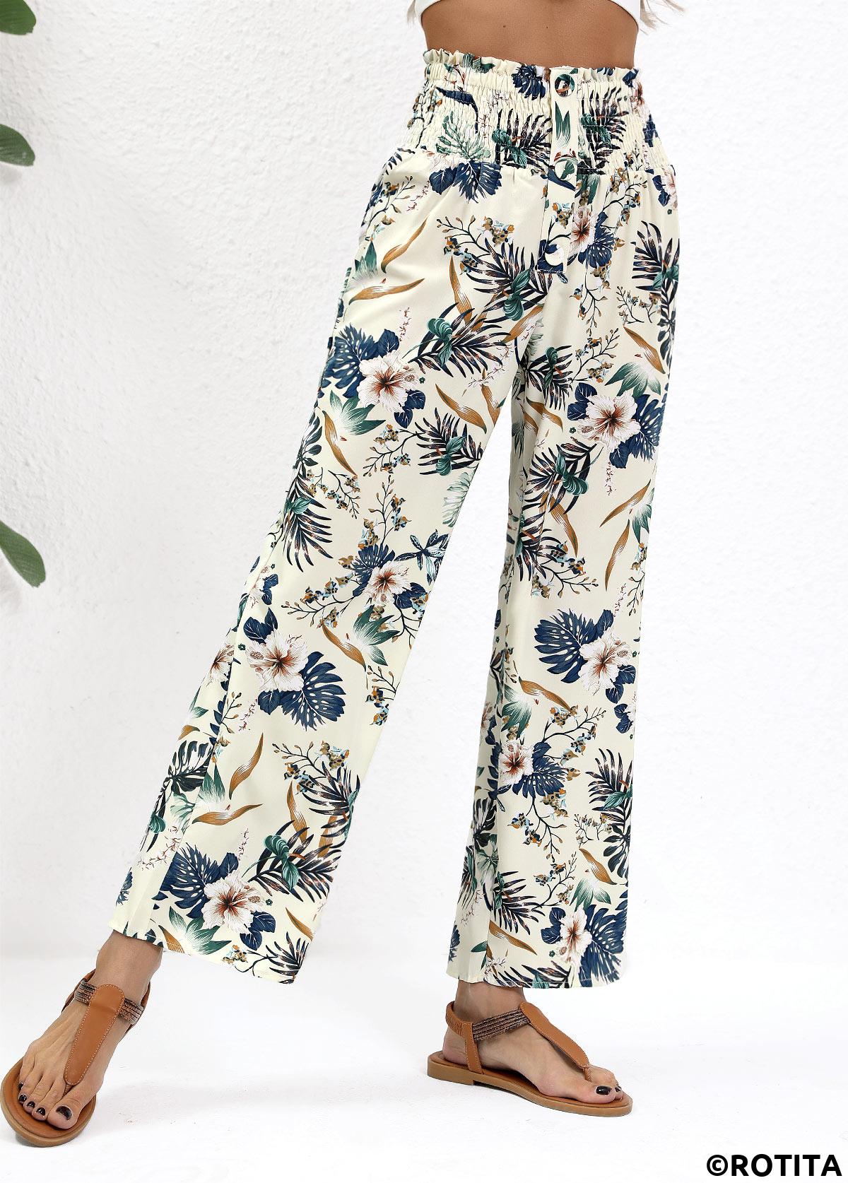 Beige bottoms,Plants bottoms,Plants Print Beige Straight Leg Elastic Waist Pants
