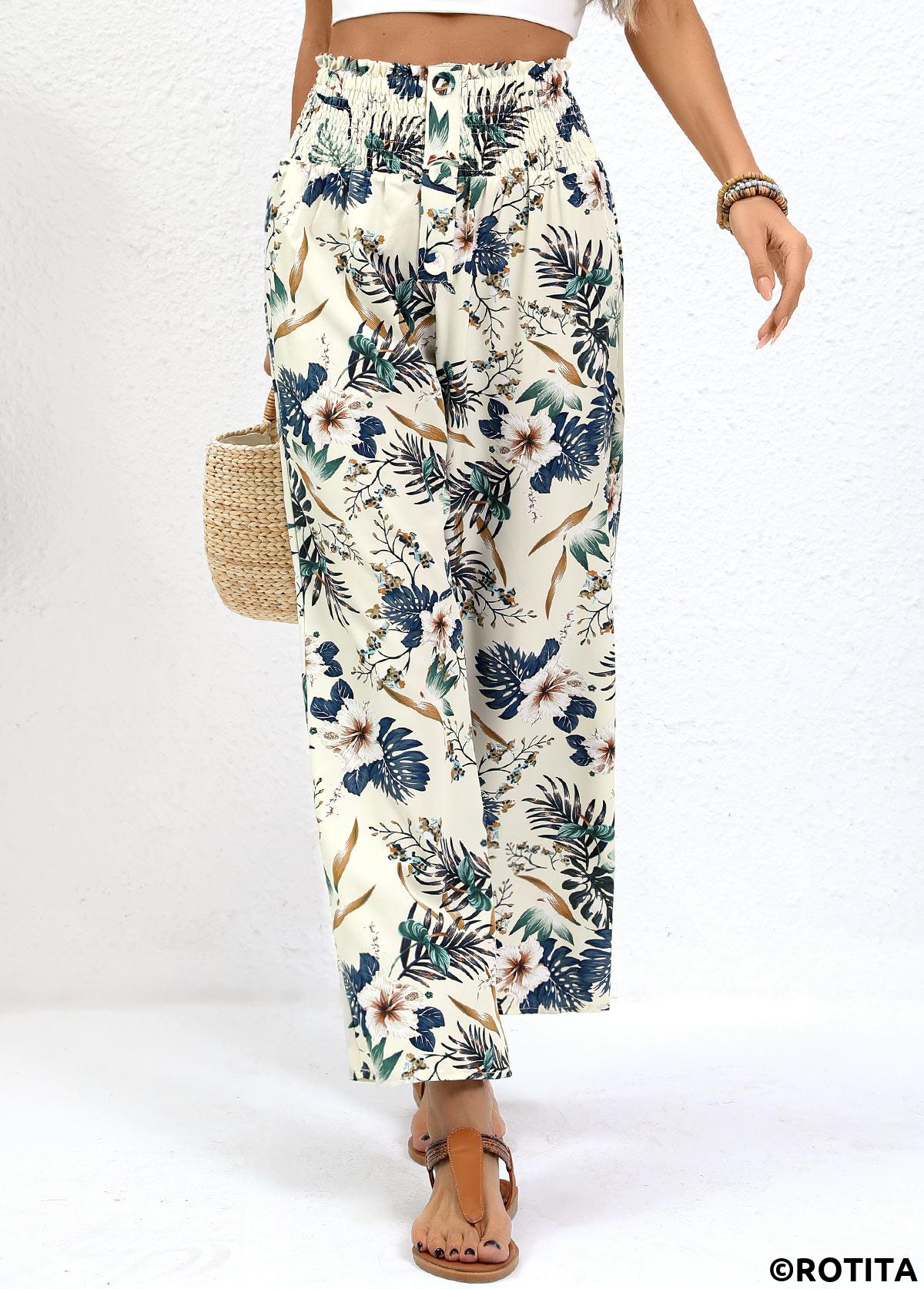 Beige bottoms,Plants bottoms,Plants Print Beige Straight Leg Elastic Waist Pants