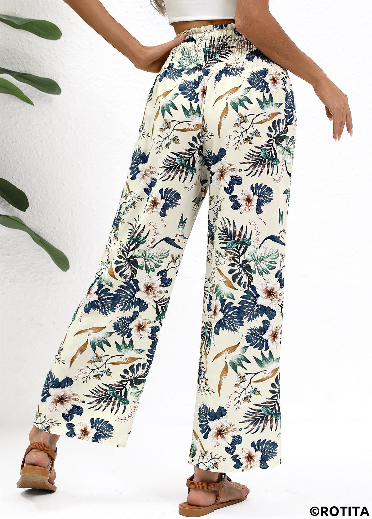 Beige bottoms,Plants bottoms,Plants Print Beige Straight Leg Elastic Waist Pants
