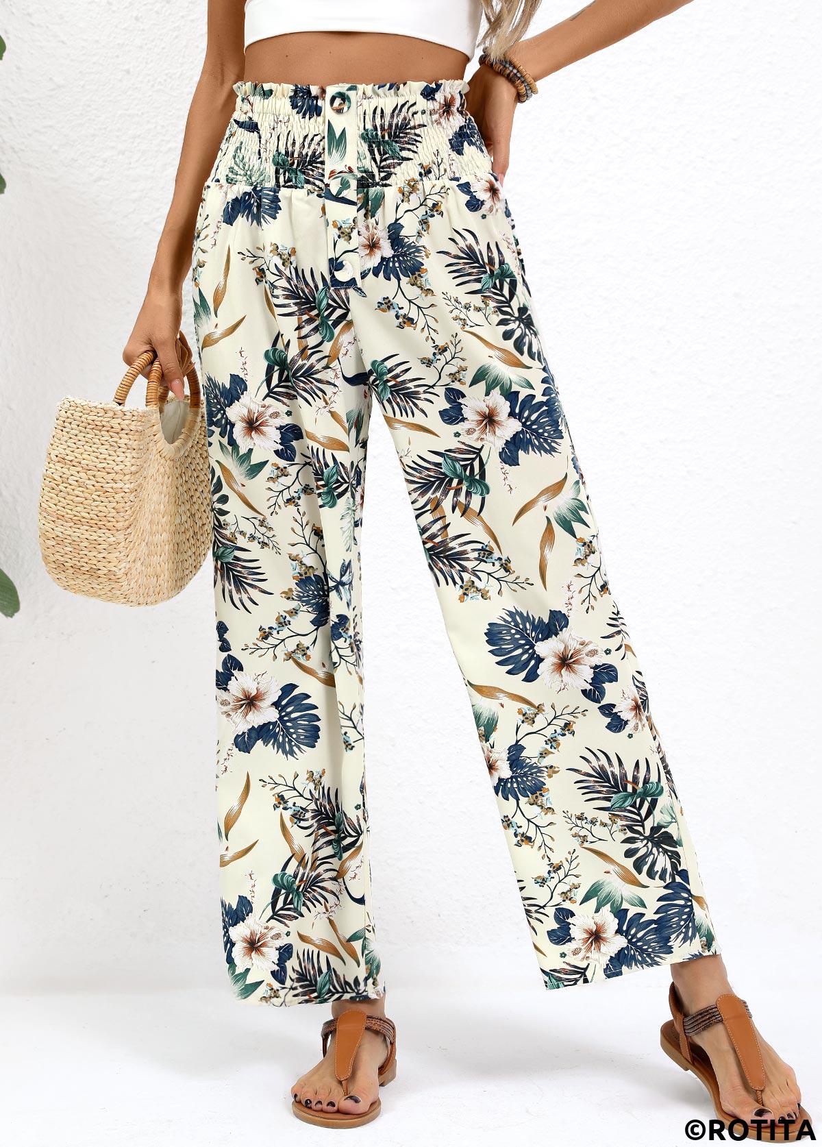 Beige bottoms,Plants bottoms,Plants Print Beige Straight Leg Elastic Waist Pants