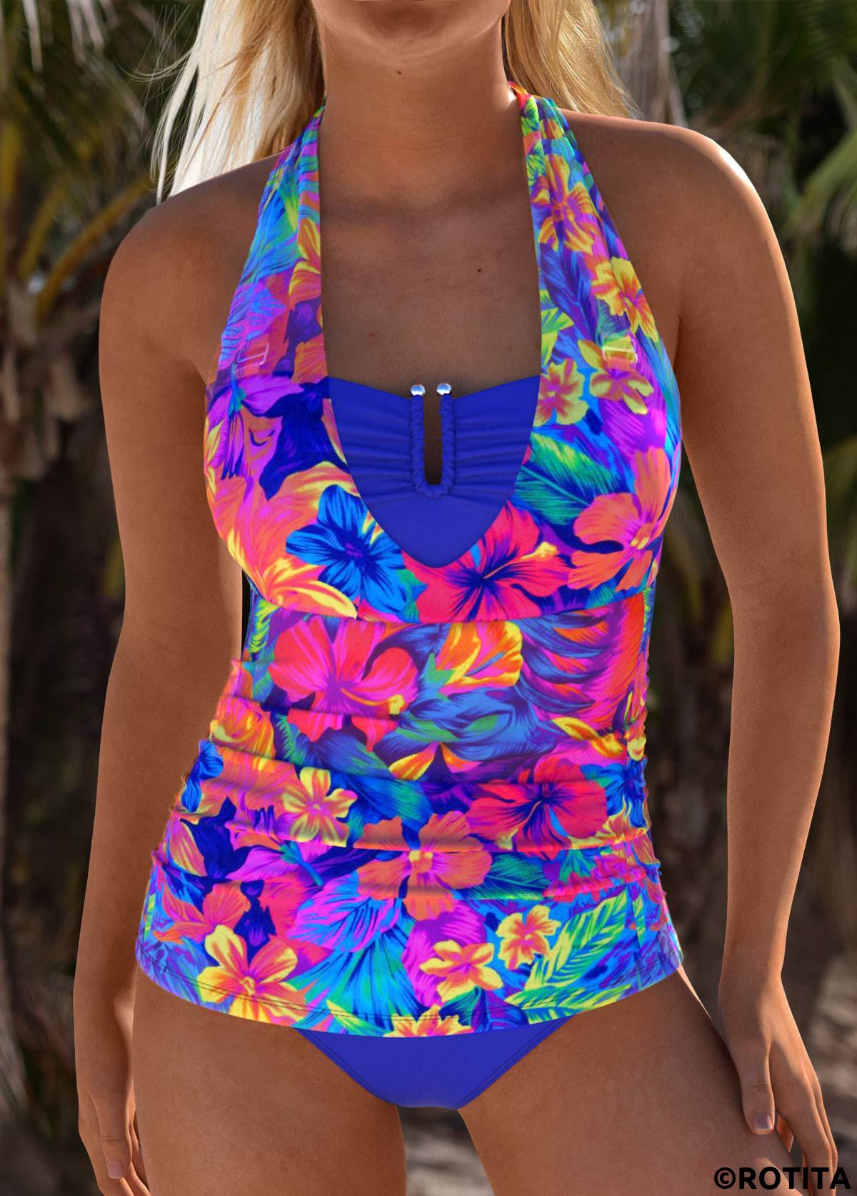 Purplish Blue swimwear,Floral swimwear,Plants swimwear,ROTITA Lace Up Purplish Blue Floral Print Tankini Set