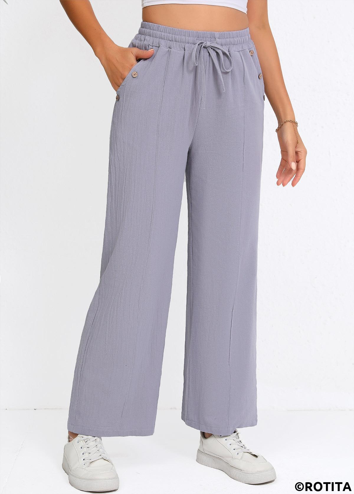 Grey bottoms,Plain Color bottoms,Drawstring Grey Straight Leg Elastic Waist High Waisted Pants
