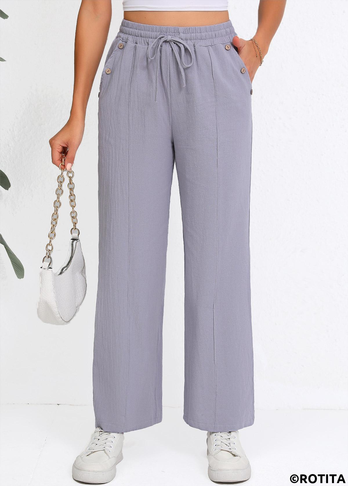 Grey bottoms,Plain Color bottoms,Drawstring Grey Straight Leg Elastic Waist High Waisted Pants