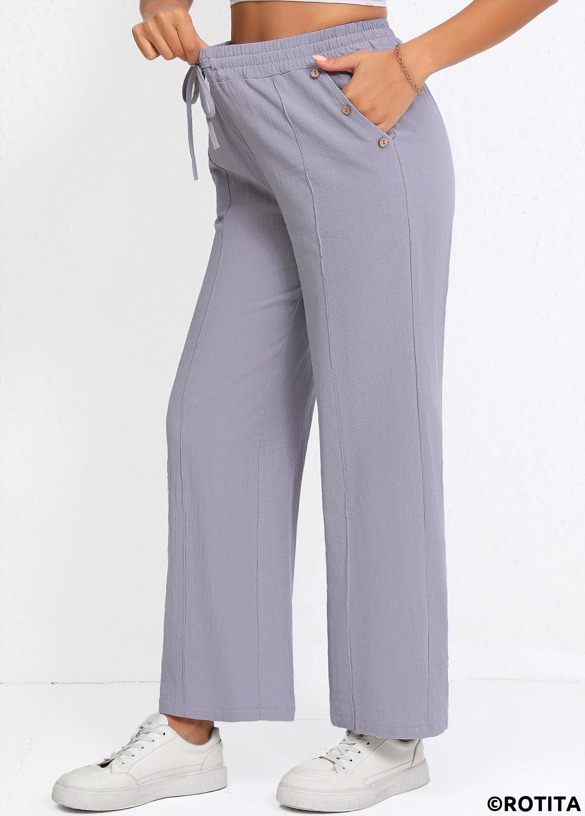 Grey bottoms,Plain Color bottoms,Drawstring Grey Straight Leg Elastic Waist High Waisted Pants