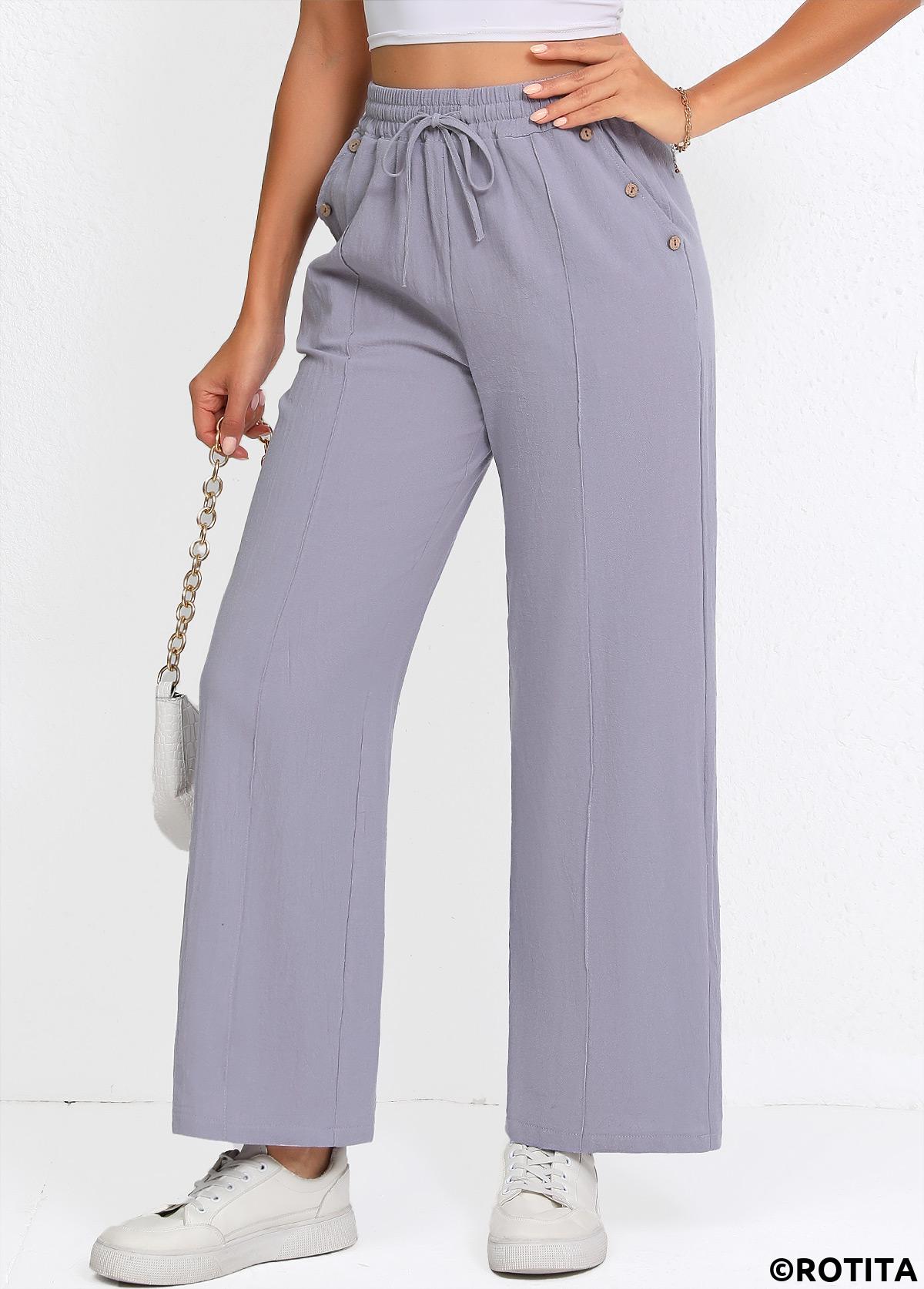 Grey bottoms,Plain Color bottoms,Drawstring Grey Straight Leg Elastic Waist High Waisted Pants