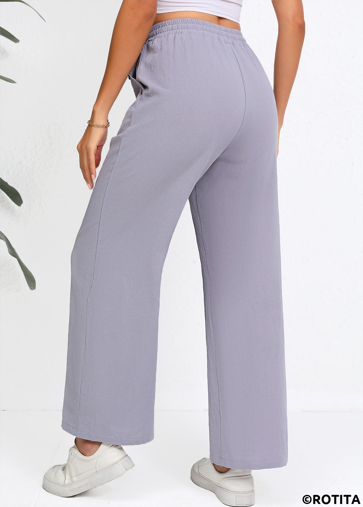Grey bottoms,Plain Color bottoms,Drawstring Grey Straight Leg Elastic Waist High Waisted Pants