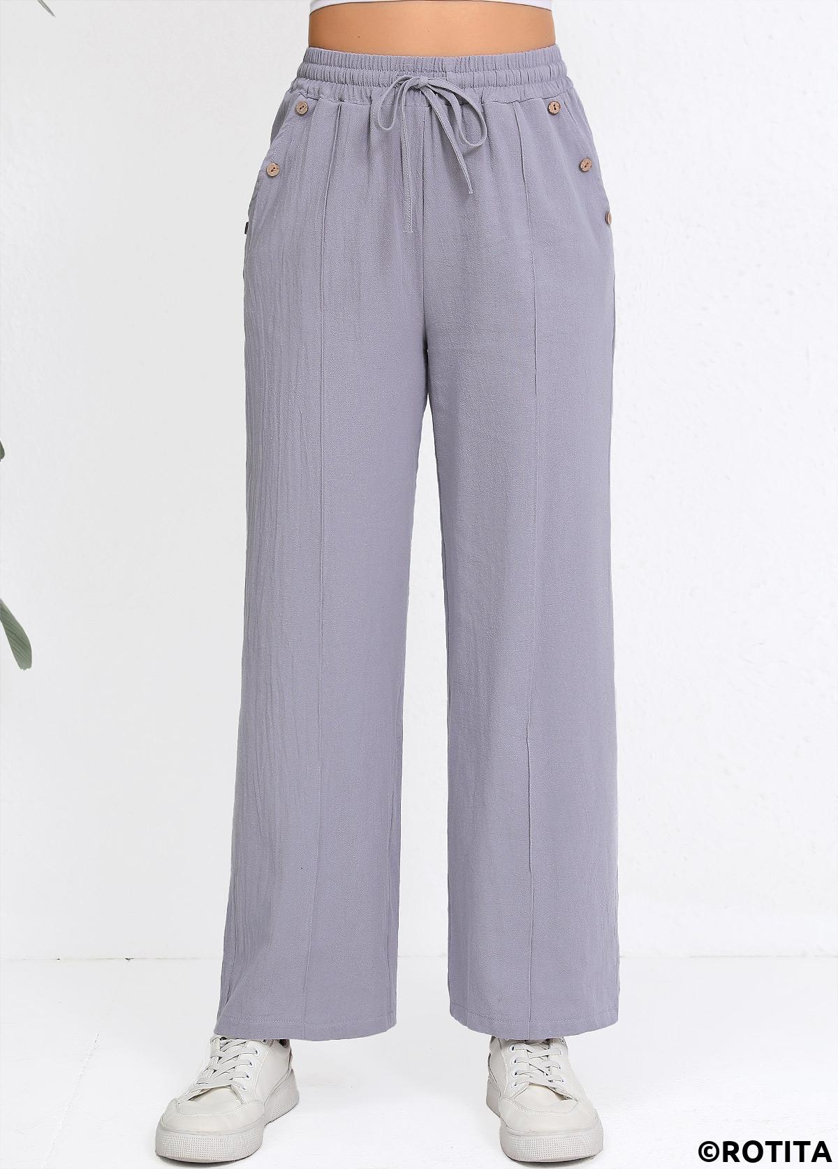 Grey bottoms,Plain Color bottoms,Drawstring Grey Straight Leg Elastic Waist High Waisted Pants