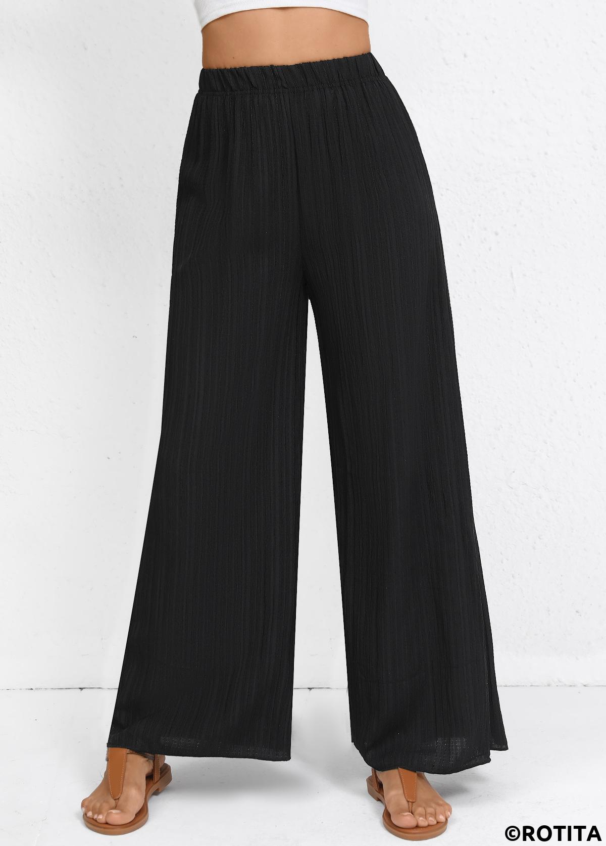 Black bottoms,Plain Color bottoms,Wide Leg Elastic Waist Black High Waisted Pants