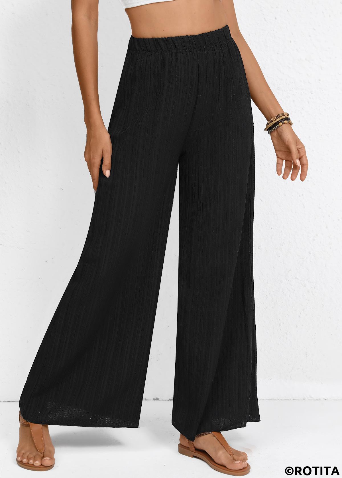 Black bottoms,Plain Color bottoms,Wide Leg Elastic Waist Black High Waisted Pants