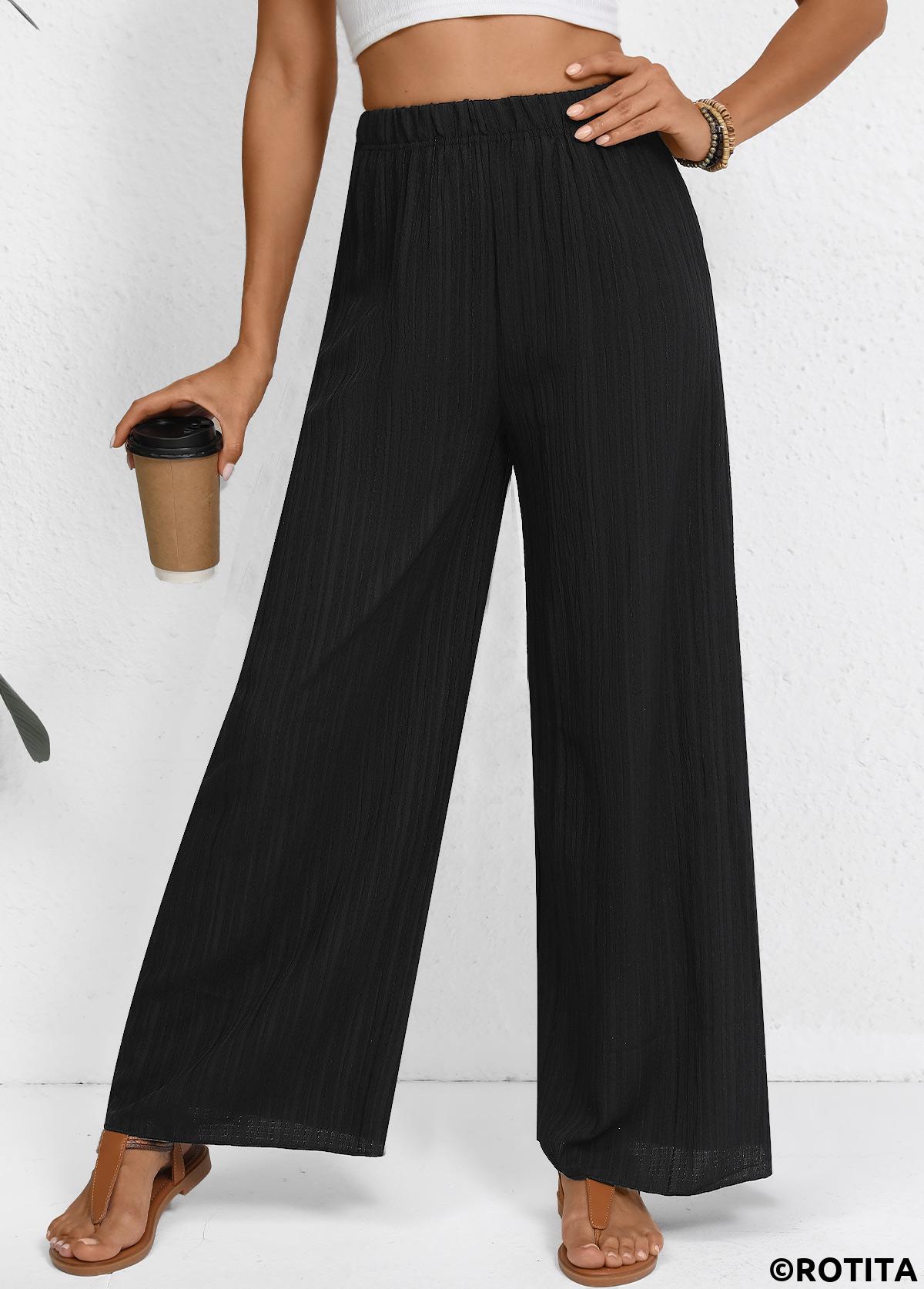 Black bottoms,Plain Color bottoms,Wide Leg Elastic Waist Black High Waisted Pants