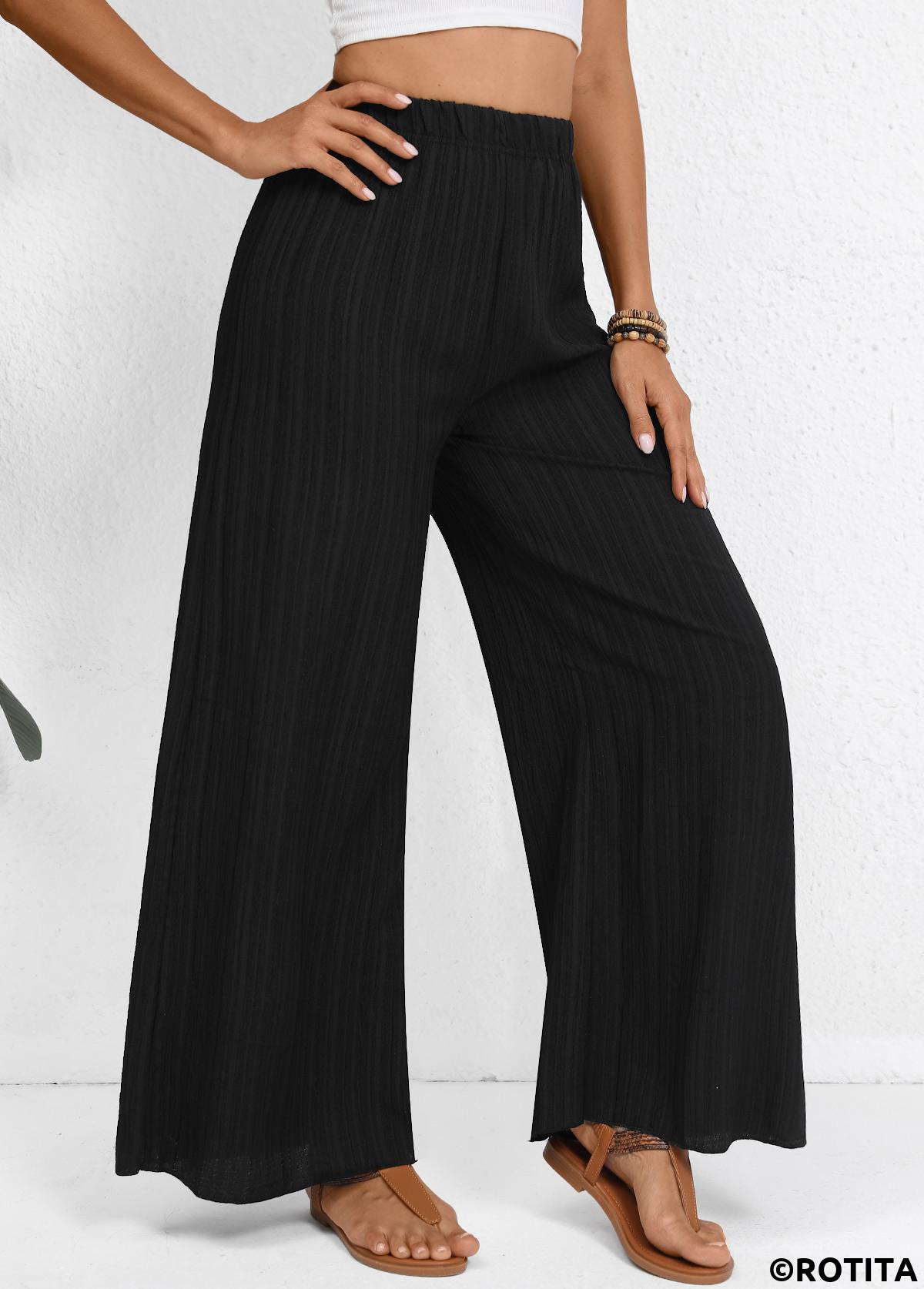 Black bottoms,Plain Color bottoms,Wide Leg Elastic Waist Black High Waisted Pants