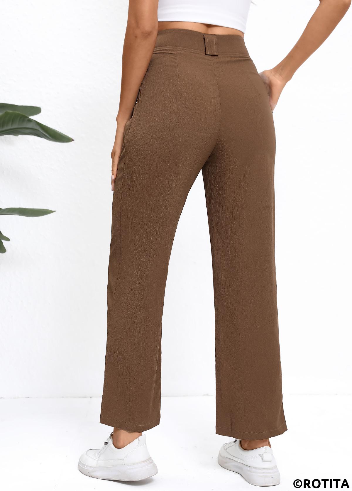 Dark Coffee bottoms,Plain Color bottoms,Button Dark Coffee Straight Leg High Waisted Pants