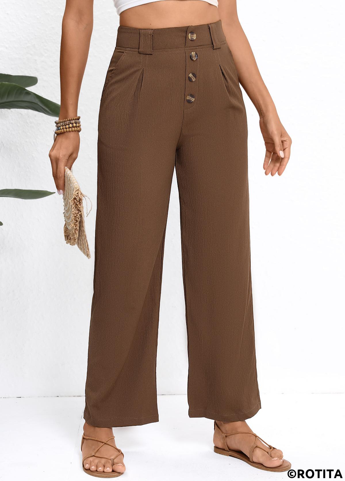 Dark Coffee bottoms,Plain Color bottoms,Button Dark Coffee Straight Leg High Waisted Pants