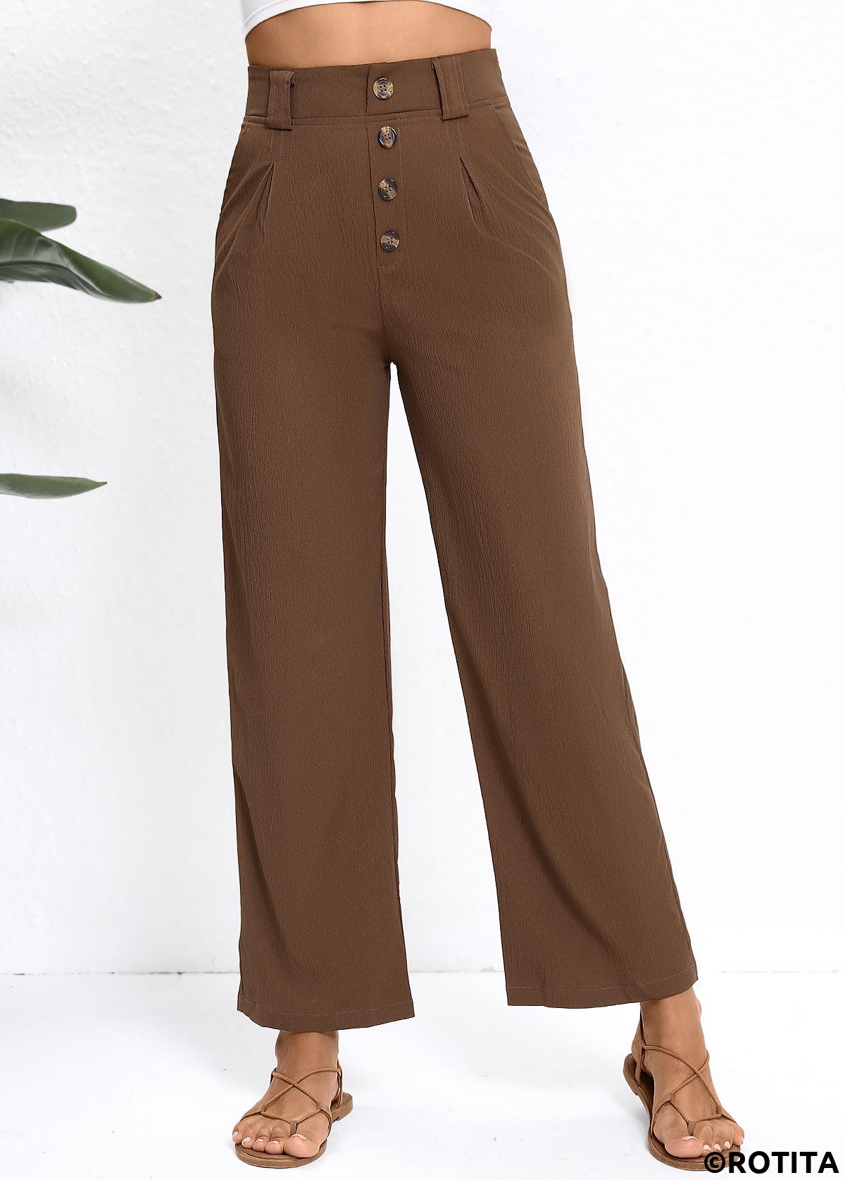 Dark Coffee bottoms,Plain Color bottoms,Button Dark Coffee Straight Leg High Waisted Pants
