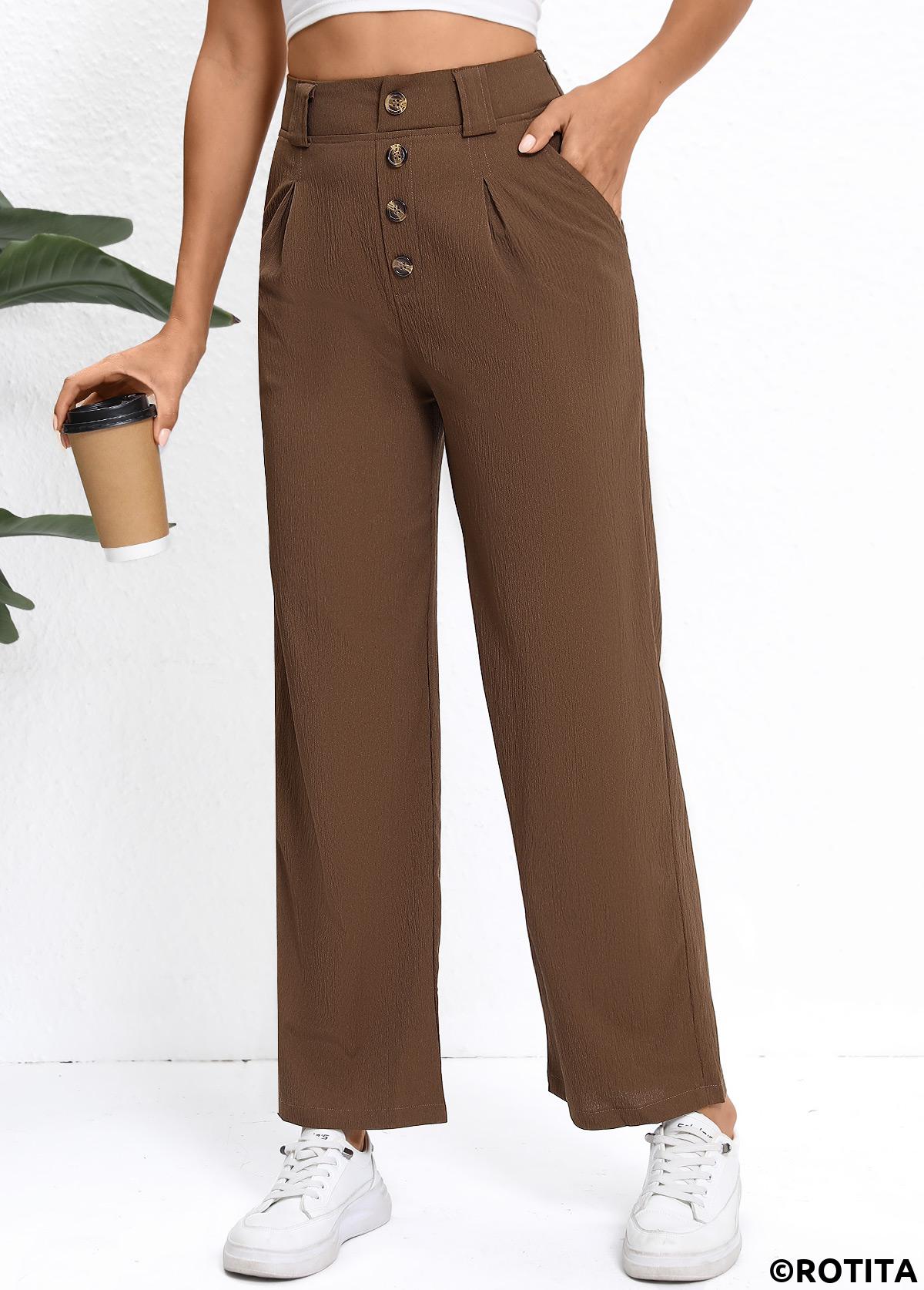Dark Coffee bottoms,Plain Color bottoms,Button Dark Coffee Straight Leg High Waisted Pants