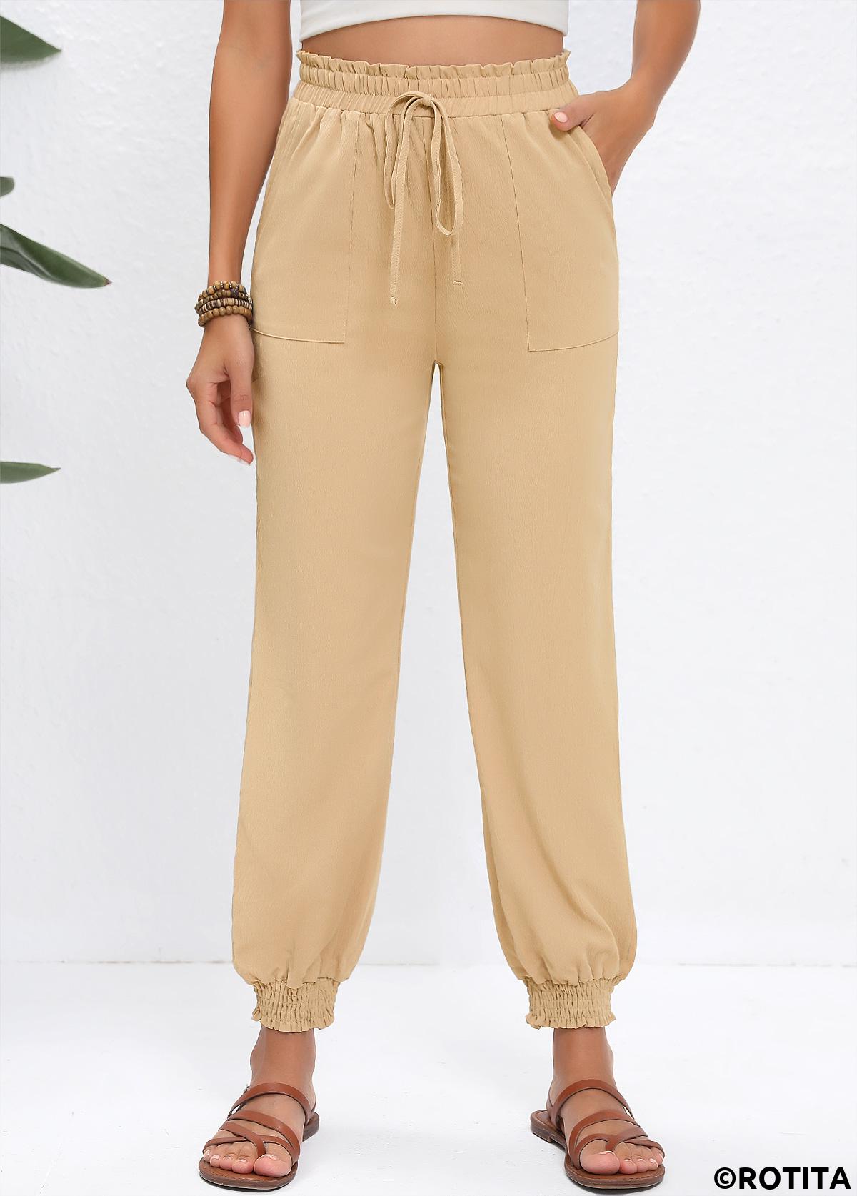 Light Camel bottoms,Plain Color bottoms,Drawstring Light Camel Jogger Elastic Waist High Waisted Pants