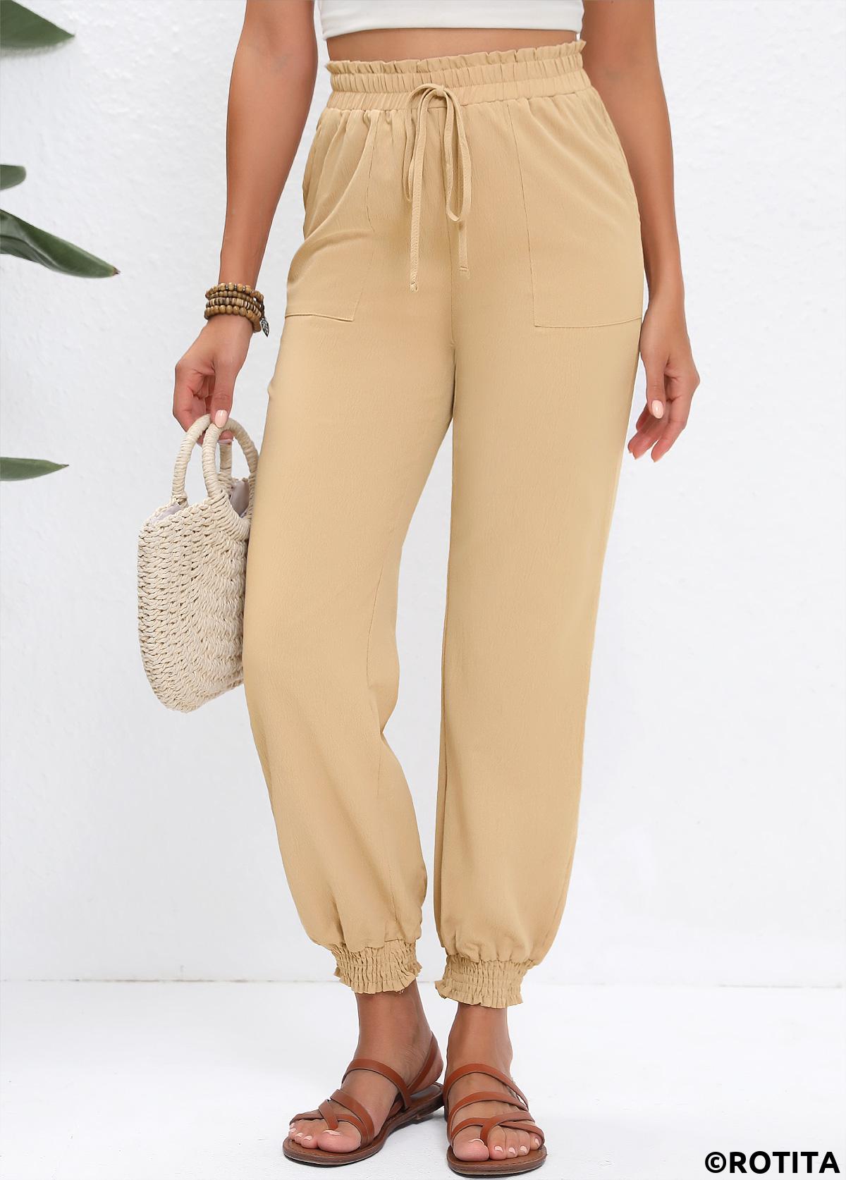 Light Camel bottoms,Plain Color bottoms,Drawstring Light Camel Jogger Elastic Waist High Waisted Pants