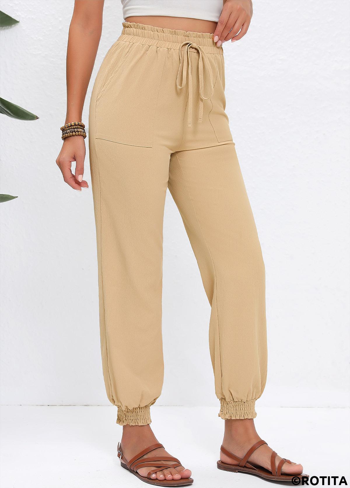 Light Camel bottoms,Plain Color bottoms,Drawstring Light Camel Jogger Elastic Waist High Waisted Pants