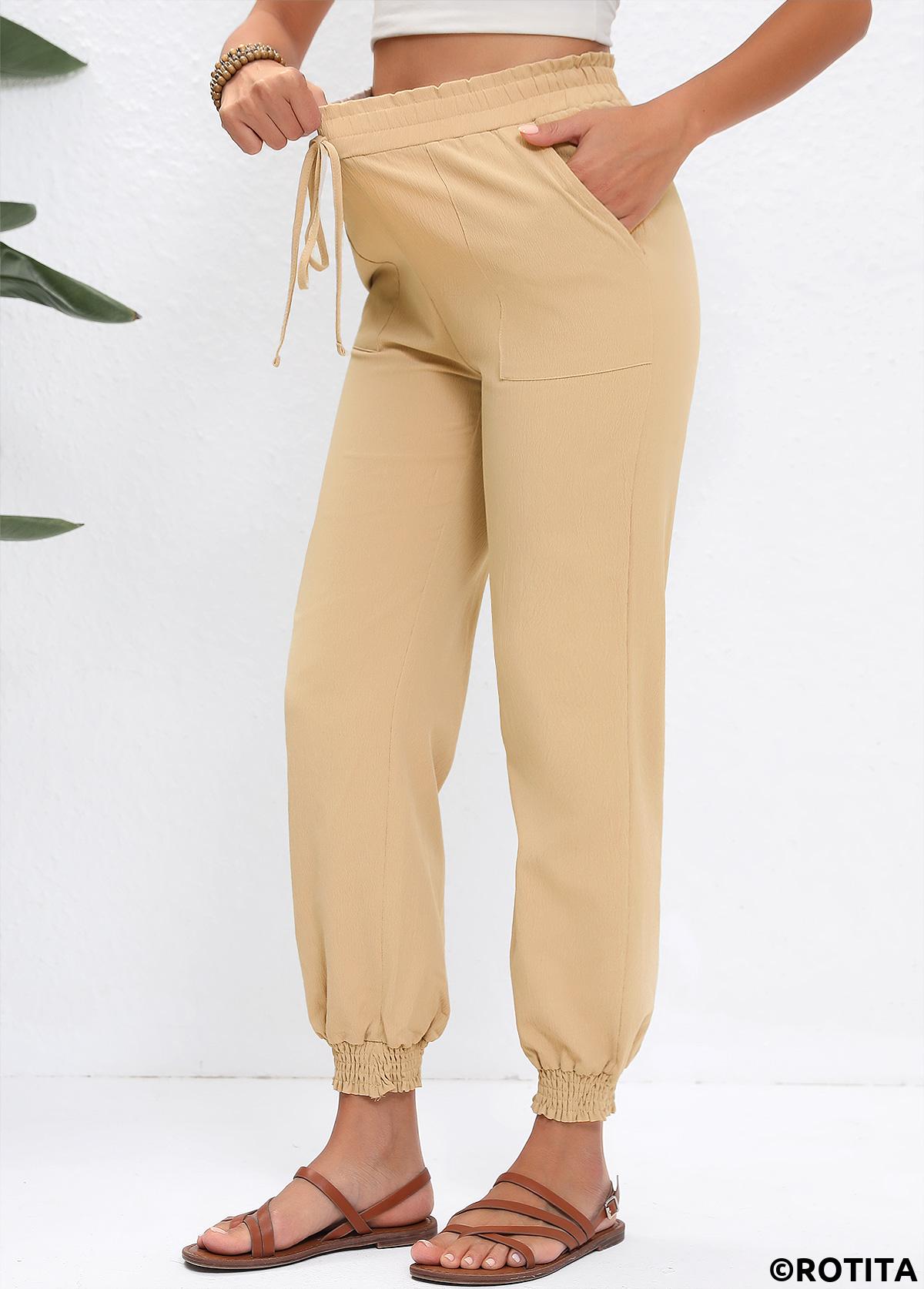 Light Camel bottoms,Plain Color bottoms,Drawstring Light Camel Jogger Elastic Waist High Waisted Pants
