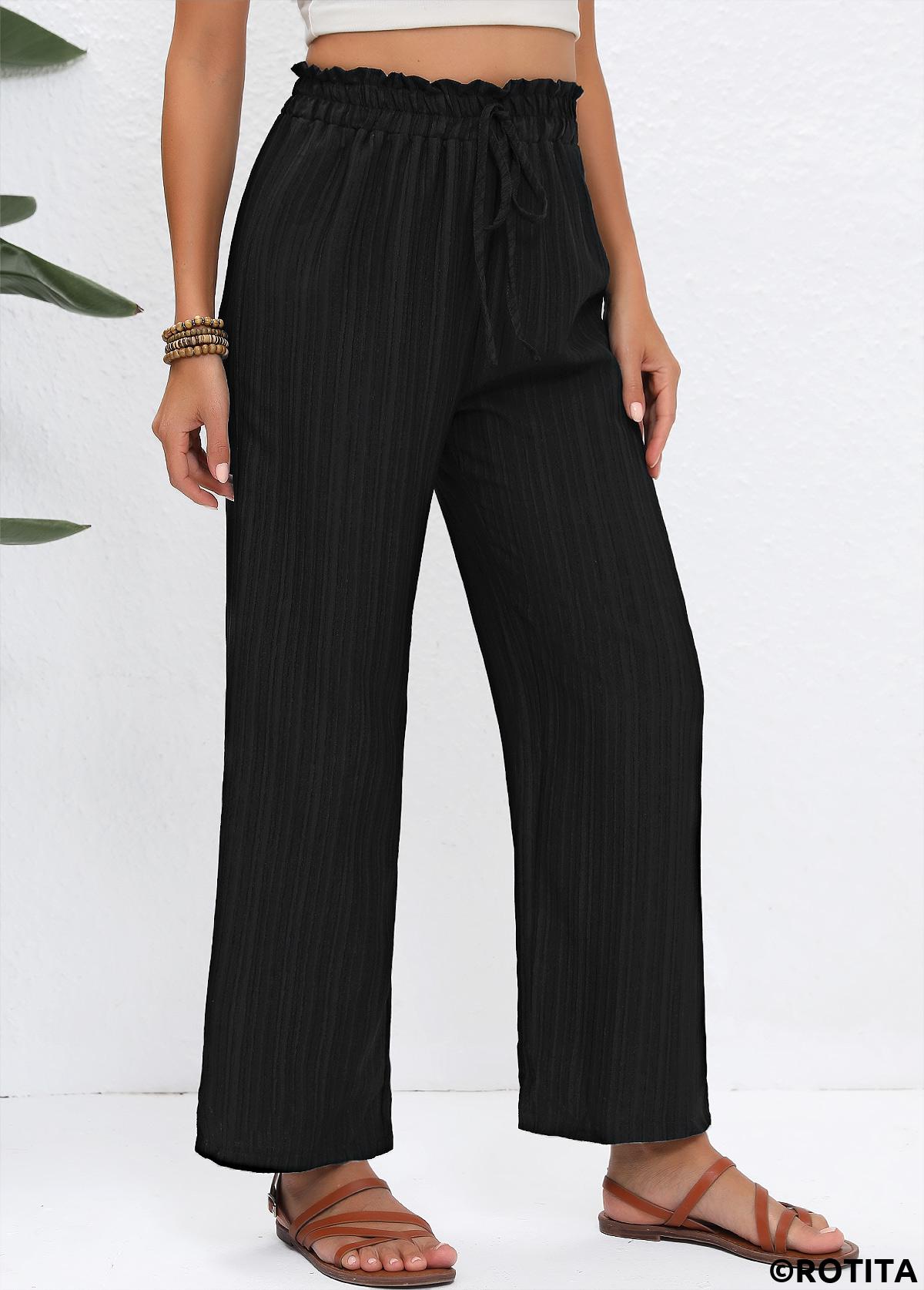 Black bottoms,Plain Color bottoms,Drawstring Black Straight Leg Elastic Waist High Waisted Pants