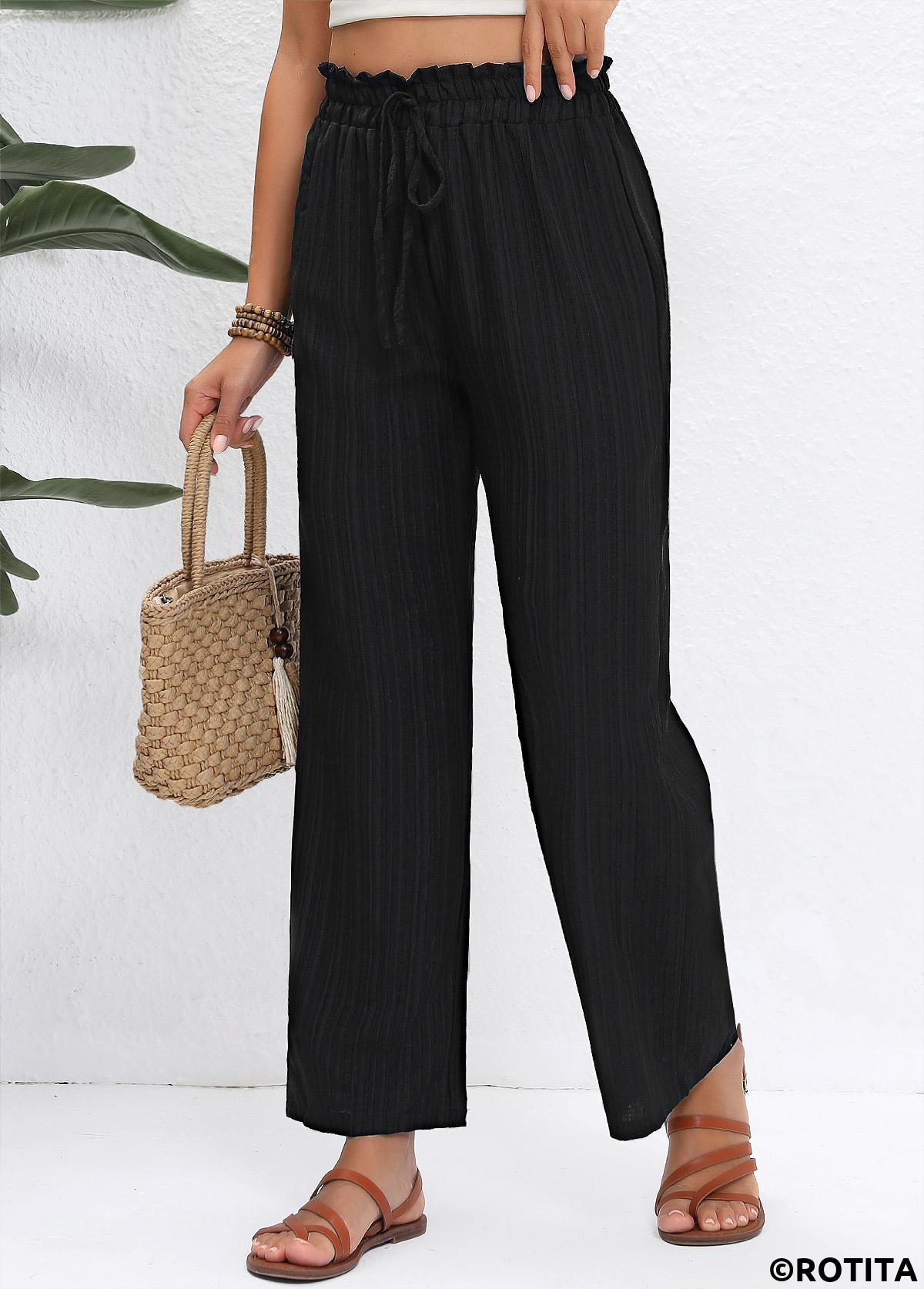 Black bottoms,Plain Color bottoms,Drawstring Black Straight Leg Elastic Waist High Waisted Pants