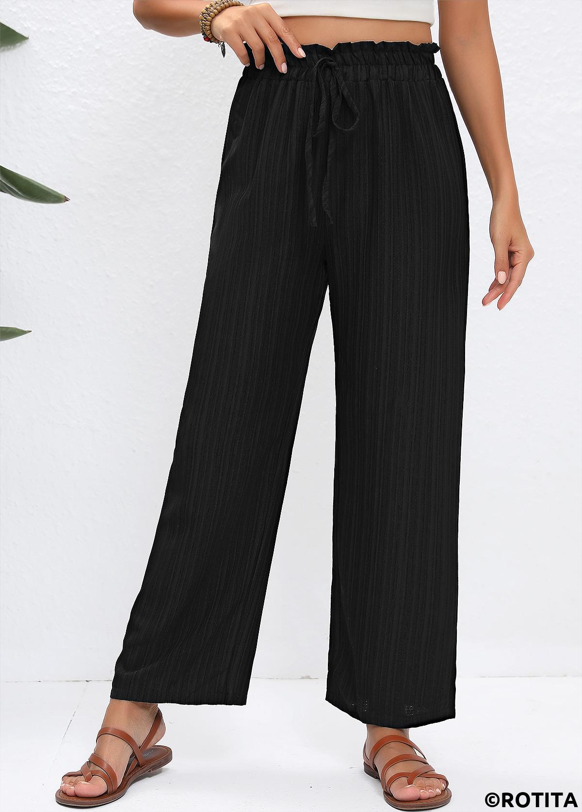 Black bottoms,Plain Color bottoms,Drawstring Black Straight Leg Elastic Waist High Waisted Pants