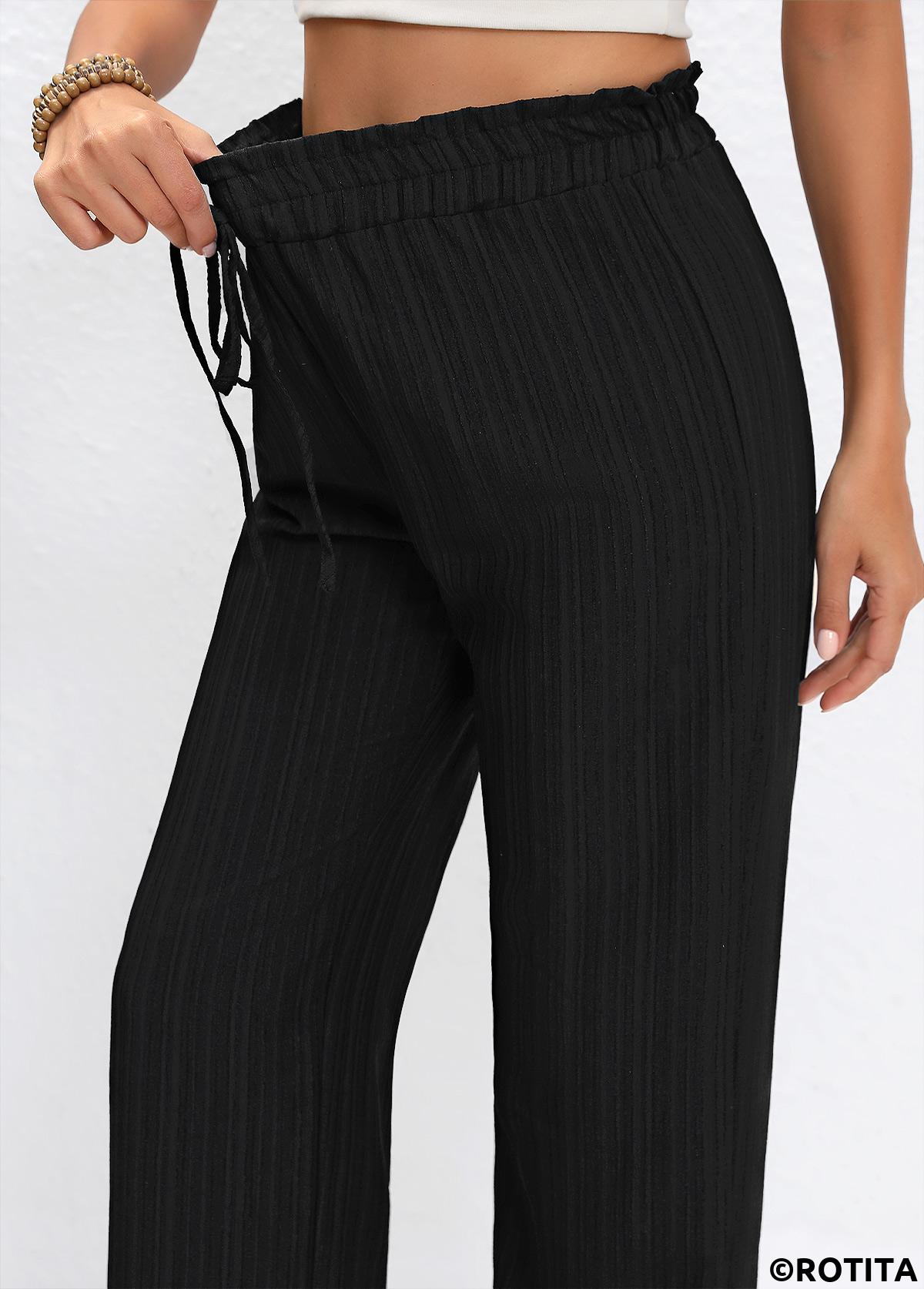 Black bottoms,Plain Color bottoms,Drawstring Black Straight Leg Elastic Waist High Waisted Pants
