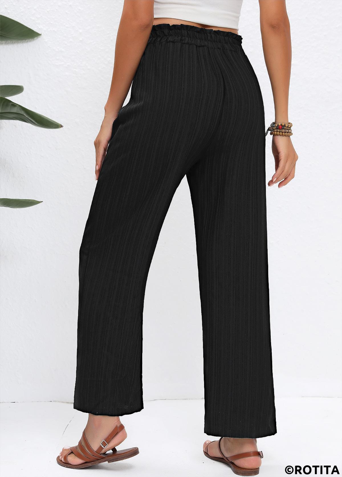 Black bottoms,Plain Color bottoms,Drawstring Black Straight Leg Elastic Waist High Waisted Pants