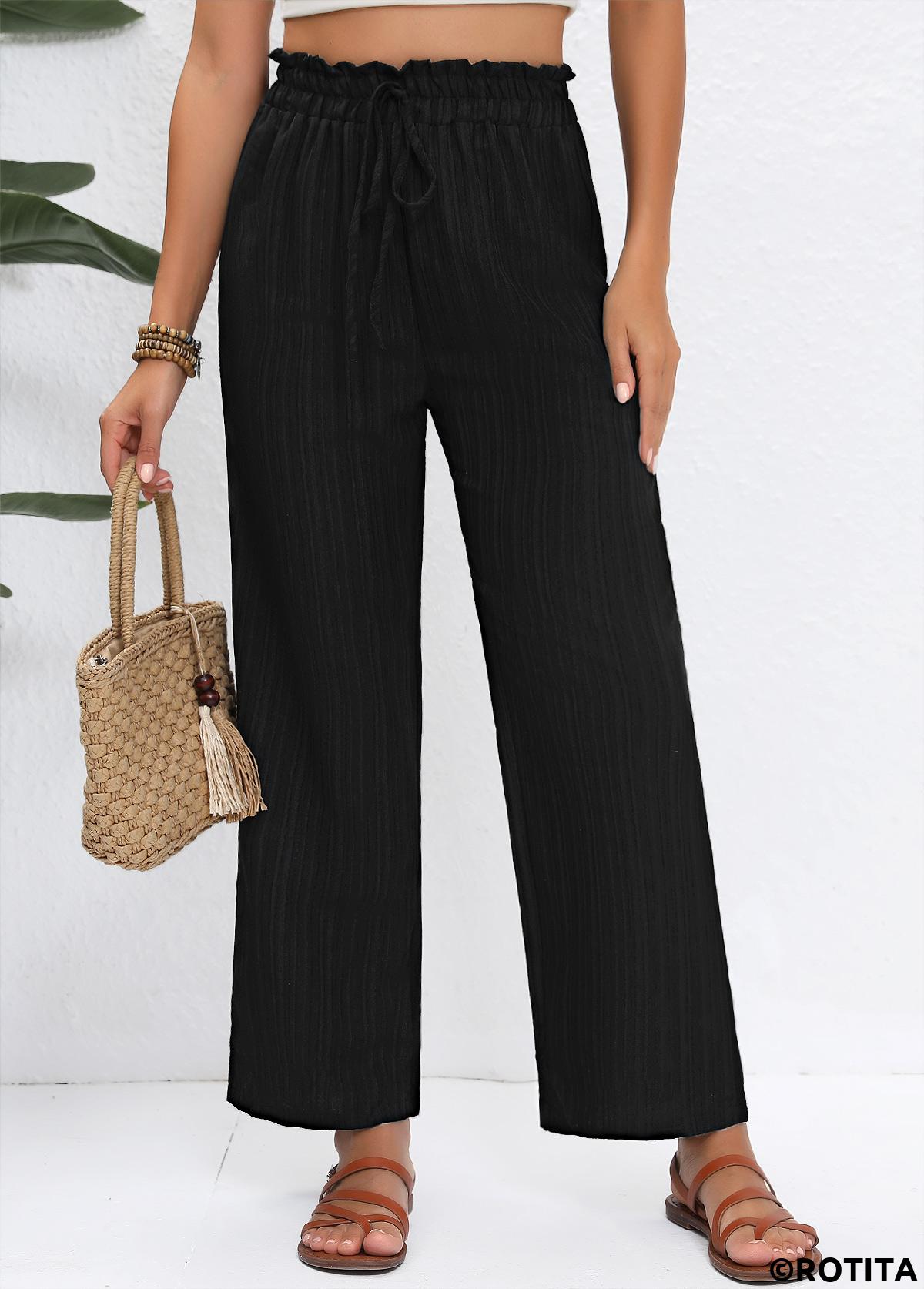 Black bottoms,Plain Color bottoms,Drawstring Black Straight Leg Elastic Waist High Waisted Pants