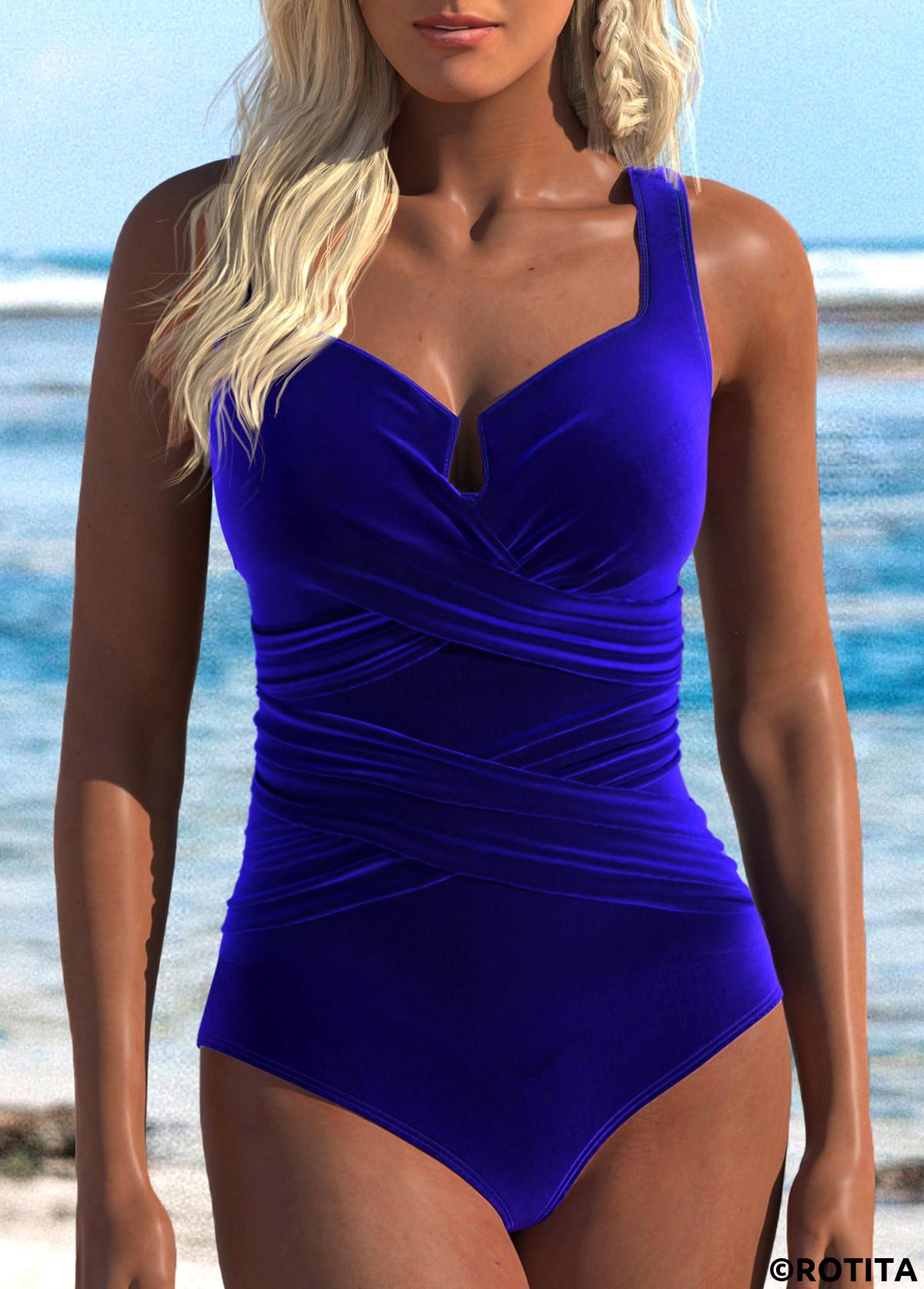 Royal Blue swimwear,Plain Color swimwear,ROTITA Velvet Wide Strap Royal Blue One Piece Swimwear