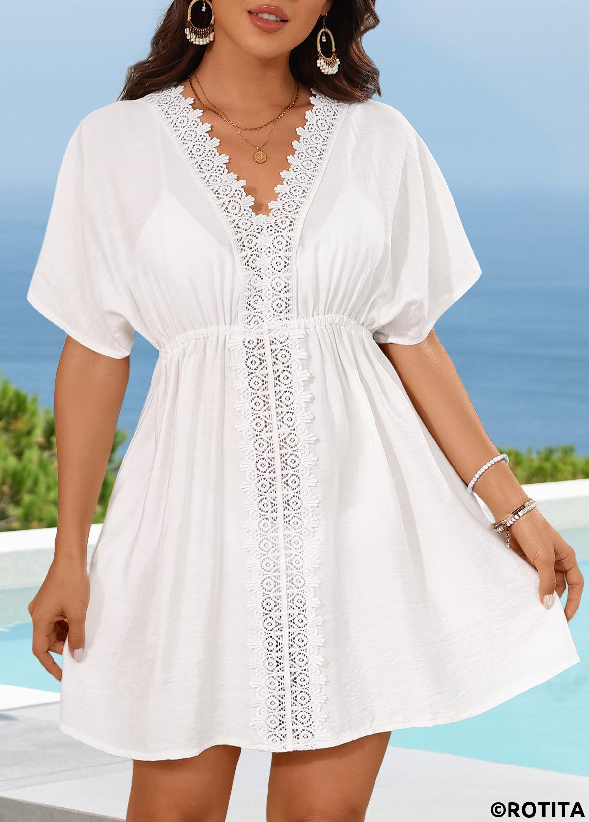 White swimwear,Plain Color swimwear,Embroidery Design White Color Cover Up