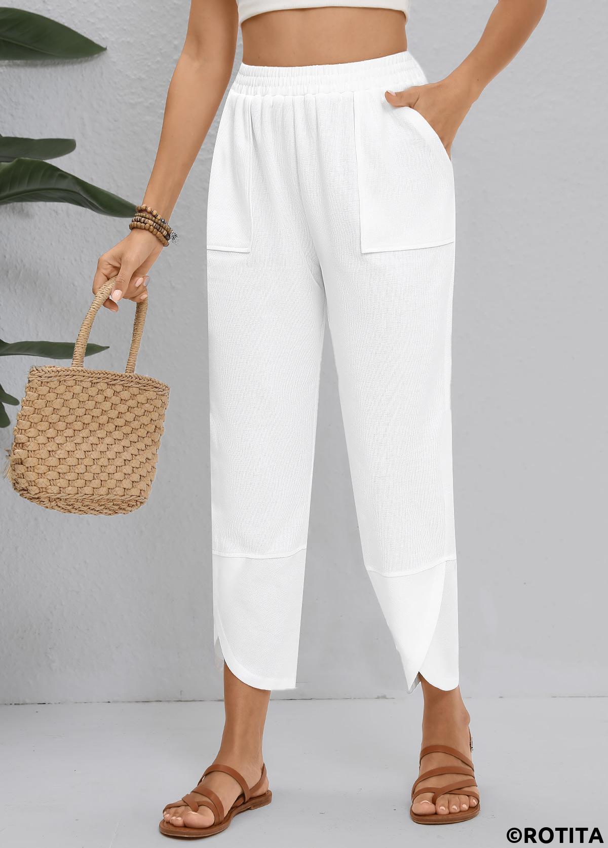 White bottoms,Plain Color bottoms,Straight Leg Elastic Waist White High Waisted Pants