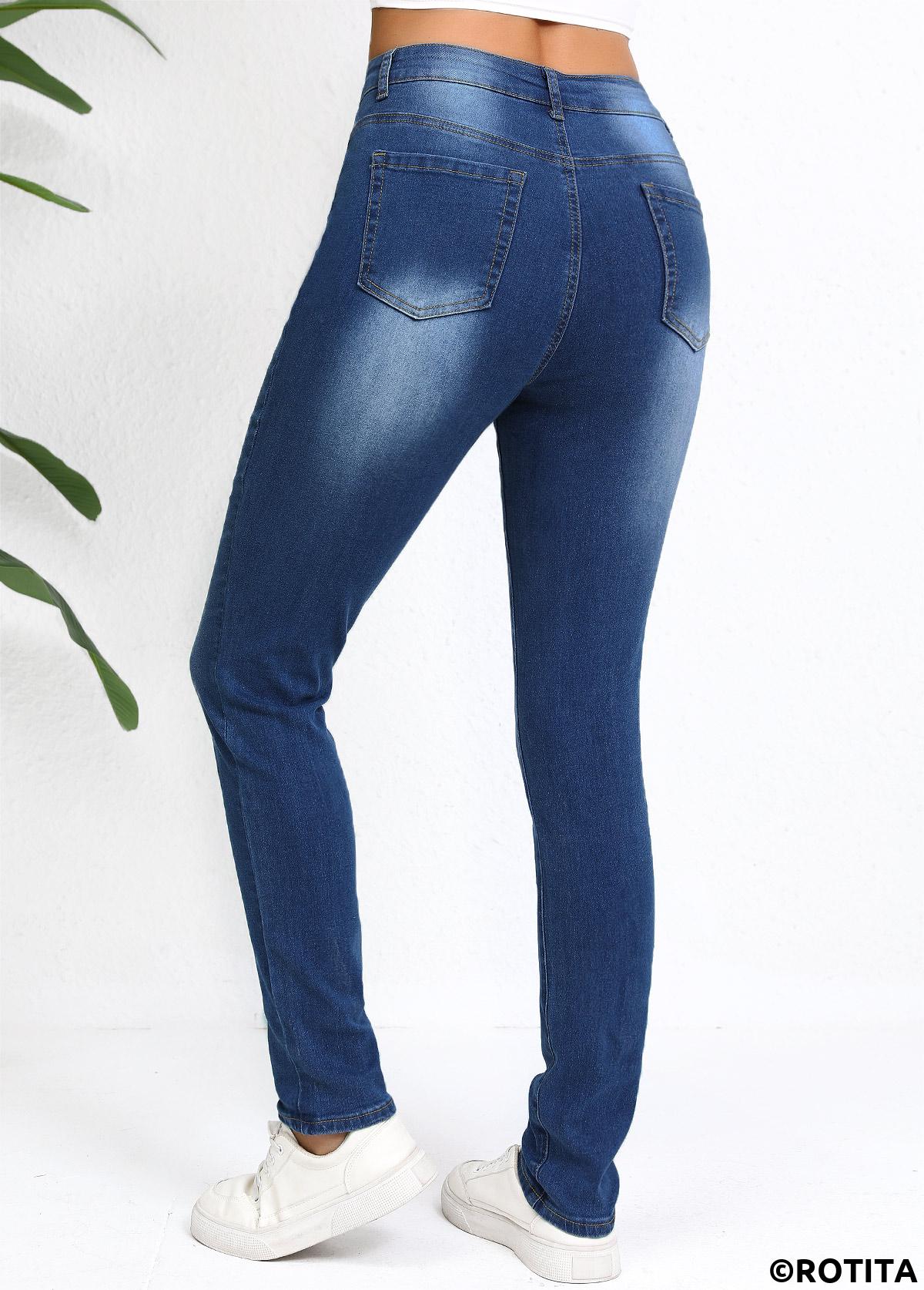 Dark Blue bottoms,Plain Color bottoms,Dark Blue Skinny Mid Waisted Jeans